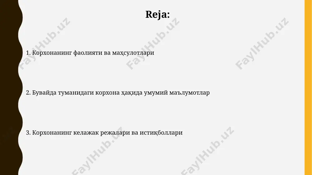 инг ижтимоий-иқтисодий ривожланишини кўрсатади. kompaniya infratuzilmasi инфратузилма тармоғига 100 мбит/с тезликдаги интернет тармоғи, ишончли электр таъминоти тизими ва замонавий хавфсизлик камералари тизими киради. компания ўз инфратузилмасини яхшилаш учун йилига ўртача 100 млн сўм маблағ йўналтиради, бу эса ускуналарни модернизациялаш ва янги технологияларни жорий этишни ўз ичига олади. moliyaviy ko'rsatkichlar 2022-yilda kompaniyaning sof foydasi 150 million so'mdan oshdi, bu esa o'tgan yilga nisbatan 25% ga o'sishni ko'rsatadi. kompaniyaning aktivlari 500 million so'mdan ortiq bo'lib, bu uning moliyaviy barqarorligini ta'minlaydi. ushbu aktivlarning 30% i aylanma mablag'lardir. kompaniya faoliyati to'g'risida kompaniya 2015-yildan buyon faoliyat ko'rsatib, 50 dan ortiq xodimga ish o'rni yaratgan va yillik 10 million so'mlik tovar aylanmasiga erishgan. mahsulotlarning 80%i mahalliy bozorga, 20%i esa qo'shni viloyatlarga eksport qilinadi, bu esa kompaniyaning yuqori raqobatbardoshligini ko'rsatadi. kompaniya ijtimoiy mas'uliyati kompaniya 2023 yilda mahalliy maktablarga 100 dan ortiq kompyuter va 500 dan ziyod darsliklar taqdim etib, ta’lim sifatini yaxshilashga hissa qo'shdi. kompaniya atrof-muhitni muhofaza …