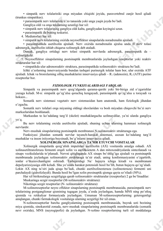 3.1.tinglaydi, savollar beradi 3.2. daftarda nazorat savollariga javob beradi va reseptura bo’yicha topshiriqlarni bajaradi. 3.3. tinglaydi, xatolarini to`girlaydi 4- bosqich. yakuniy qism (5 daq.) 4.1. mavzu bo’yicha yakun qiladi, qilingan ishlarni kelgusida kasbiy faoliyatlarida ahamiyatga ega ekanligi muhimligiga talabalar e’tiborini qaratadi. 4.2. talabalarning nazariy va amaliy qismlari bo’yicha bilim darajasini baholaydi va baholarni e’lon qiladi 4.3. keyingi mashg’ulotga topshiriq, mavzu bo’yicha kerakli adabiyotlar va internet saytlar ro’yxatini beradi 4.1. tinglaydi. 4.2. tinglaydi. 4.3.tinglaydi, yozib oladi 3. mavzuni izohlash. m- va n- xolinomimetik vositalar. m- va n- xolinoblokator vositalar. antixolinesteraza vositalari. m – xolinomimetik vositalar. m – xolinoblokator vositalar xirurgiya, ginekologiya, dermatologiya, oftalmologiya va otolaringologiyada ishlatiladi. shuning uchun bu dori vositalarning ta’sirini, qo’llash uchun ko’rsatmani va nojo’ya ta’sirlarini bilish, shu bilan birga bu moddalarga xatosiz resept yozishni bilishlari keyinchalik talabalarga xususiy farmakologiyani o’rganishda va umumiy amaliyot shifokori faoliyatida kerak bo’ladi. 4. fanlararo va fan ichidagi bog’liqlik ushbu mavzuni o`qitish talabalarning gistologiya, …