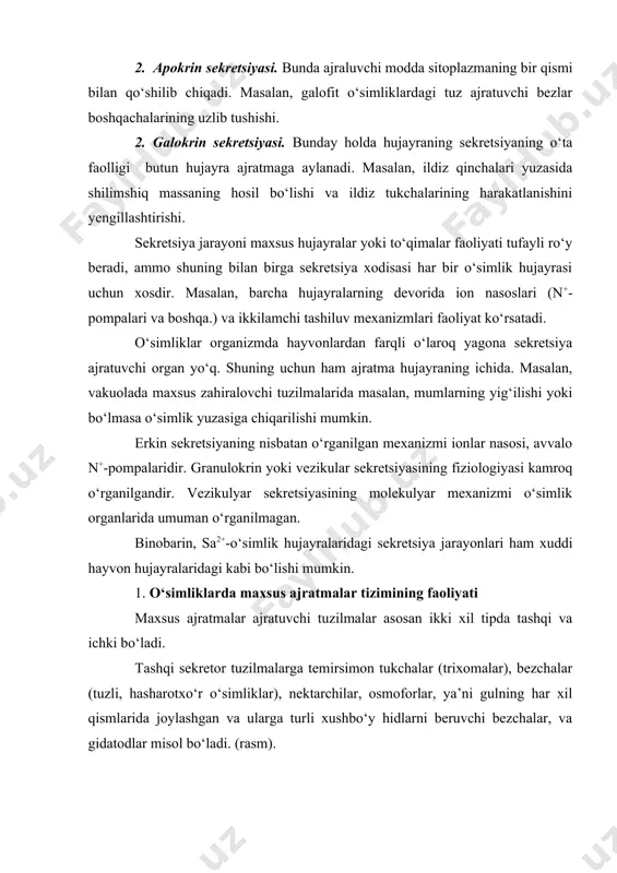 a saxaroza kо‘p bо‘ladi. shunigdek, kichik miqdorda bо‘lsa ham nektar tarkibida k+, na+, sa2+, mg2+, po43- kabi ionlar, ikki va uch karbon organik kislotalar, vitaminlar (askorbit, nikotinat kislotalari va boshqalar.), oqsillar, ayrim hollarda lipidlar ham uchraydi. 25-rasm. tashqi chiqaruvchi tuzilmalar (ezau, 1980). a, b, v – lavandura vera о‘simligi barglarining chiqaruvchi tukchalar: b, v-ajratma yig‘ilayotgan kutikulaning chо‘zilishi (1): g-pelargonium о‘simligining bir hujayrali boshchali ajratma tukchasi: d-urtisa urens о‘simligining kuydiruvchi tukchasi: ye-vitis vinifera uzum barglarining ajratuvchi tukchalari: j-gossipium arboreum g‘о‘za barglarining ajratuvchi tukchalari. nektarchilardagi qandlarning miqdori nektarchilarning tipiga, о‘simliklarning turiga, namlikga va haroratga qarab 7-87% atrofida bо‘lishi mumkin. floral nektarniklar hasharotlarning teproduktiv kо‘payishi uchun zarur bо‘lgan steroid gormonlar tipidagi moddalar ham bо‘lishi mumkin. nektarning chiqishiga fotosintez mahsuldorligi katta ta’sir qiladi. nektarning ajralishi uchun shu nektarchiga yaqin bо‘lgan bargga assimilatlarning tashiluvi muhimdir. nektarchi tо‘qimalarida floema shirasi tarkibidagi qandlar glyukoza, fruktoza va boshqalarga aylanadi va ularga nektarchining kraxmalidan hosil bо‘lgan qandlar qо‘shiladi. nektarchidan …