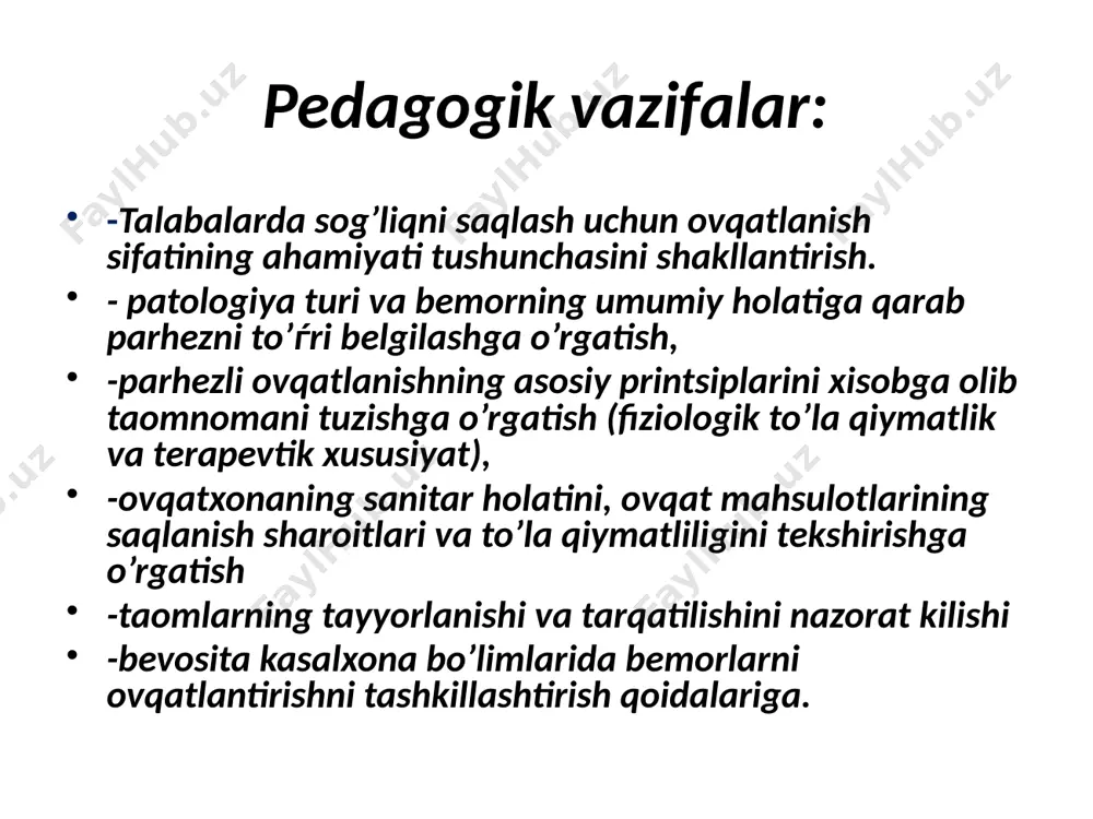ot yakunida talabalarni olgan baholarini e’lon qiladi. o’z-o’zini, o’zaro baholashadi, savollar berishadi, uy vazifasini yozib oladilar. nazariy qism "dpm larda bemorlarning ovqatlanishini tashkil qilish va uning sifatini nazorat qilish" mavzusidagi loyixani bajarishda bemorlarning ovqatlanishi faqat ular organizmini ovqatli moddalar va zaruriy energiya bilan ta’minlash bo’libgina qolmay, balki muxim davolovchi tadbir sifatida qaralishi kerak va parxezli ovqatlanish jaroxatlangan organlar va sistemalarga ta’sir etib, ularning funktsiyasi va strukturasini tiklanishiga yordam berish uchun yo’naltirilgan bo’lmoѓi lozim. shuning uchun davolovchi ovqatlanishning asosiy printsiplari quyidagilardan iborat: -ovqat fiziologik to’la qiymatli bo’lishi; -o’ziga xos terapevtik xususiyatga ega bo’lishi kerak. parxez raqami qanday bemorga mo’ljallangan ____________________________________________________________ "o" \suyuq ovqat\ oshqozon-ichak yuli operatsiyasidan so’ng № 1 oshqozon va 12 barmoqli ichak yarasi, gastritlar № 2 sekretor funktsiyasi yetishmasligi gastritlari № 3 oddiy tartibdagi qabziyatning buzilishi № 4 ichak kasalliklari № 5 jigar kasalliklari № 6 podagra-siydik kislotasiga oid kasallik № 7 buyrak kasalliklari № 8 semirish kasalligi № …