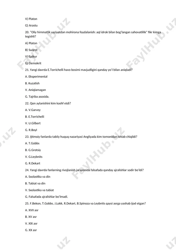 fizik borliq bilan bog‘laydi. b. materiya bilan bog‘laydi. v. inson bilan bog‘laydi. g. to‘g‘ri javob yo‘q. 41. o‘z – o‘zini to‘liq belgilovchi borliqni xizmat qiladigan tushuncha? a) substansiya b) materiya v) reallik g) dalil 42. subsansiya bir vaqtning o‘zida ham tabiat, ham xudo va sifatida ta'riflagan va bu ikki tushunchani tenglashtirgan faylasufni toping? a) spinoza b) gegel v) fixte g) dekart 43. birinchi asos sifatida ikkita substansiya olingan falsafiy yondashuv nima deb ataladi? a) dualizm a) totemizm v) fetishizm g) deizm 44. falsafa tarixida dualizmning yorqin vakili sifatida o‘rin olgan faylasuf kim? a) r. dekart b) gegel v) shelling g) spinoza 45. lametrining dualizmni inkor qilib yozgan asarni ko‘rsating? a) ruhning tabiiy tarixi b) inson va mashina v) inson - o‘simlik g) epikur tizimi 46. dunyoning negizida ikkita emas balki undan ko‘proq mohiyat borligini tan oluvchi ta'limot? a) plyuralizm b) dualizm v) deizm g) monizm 47. plyuralistik ontologiyaning turlaridan biri …