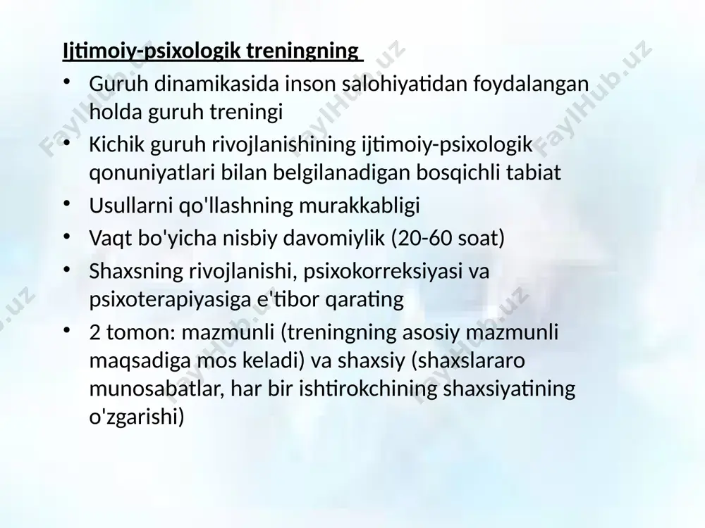 - asosan passiv va oson moslasha oladigan guruh a'zolari, o'zlarining anonimligini saqlashga harakat qilishadi, ularning aksariyati etakchi bilan tanilgan; s - guruhning eng "uzoq" a'zosi, qolganlardan farqi yoki qo'rquvi tufayli undan orqada qoladi, ba'zida dushman bilan birlashadi va bu guruhni qo'zg'atadi. dushman - bu qarama-qarshi dushman guruhining ramziy vakili yoki deviant . guruhning hamjihatligi guruh ishi samaradorligining zarur shartidir. guruh a'zolari o'rtasida rivojlanadigan maxsus munosabatlar, birgalikdagi faoliyat davomida yuzaga keladigan o'ziga xos muhit oqibatidir. birdamlikni saqlashga qaratilgan maxsus texnik usullar mavjud, masalan, guruh a'zolarining fazoviy yaqin aloqalarini tashkil qilish. birlashishga yordam beradigan omillar: guruh a'zolari manfaatlarining mos kelishi. guruh a'zolari o'rtasida hamdardlikning mavjudligi. guruhda do'stona muhit mavjudligi. guruh faoliyatining ta'siri. bir tomondan, qiziqarli, hayajonli harakatlar, shuningdek, birgalikda boshdan kechirilgan ijobiy his-tuyg'ular, boshqa tomondan, psixolog tomonidan qo'llaniladigan va birdamlikni mustahkamlashga qaratilgan texnik usullar. guruhning rivojlanish bosqichlari : orientatsiya va qaramlik bosqichi mojaro va norozilik bosqichi birlashish va hamkorlik bosqichi psixologik treningning …