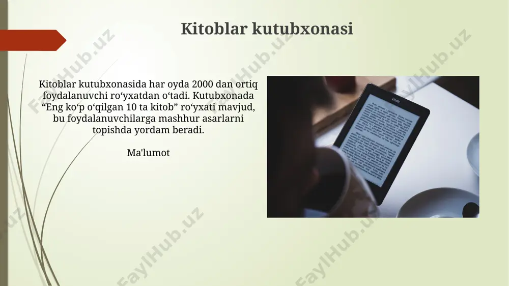 in, bu esa ma'lumot sarfini kamaytiradi va 99% hollarda istalgan joyda o'qish imkonini beradi. ijtimoiy funksiyalar ijtimoiy funksiyalar orqali kitobsevarlar 2 turli xil guruhga birlashishi mumkin: muhokama klublari va o'qish tanlovlari, bu esa yangi asarlarni 25 % gacha ko'proq kashf etishga yordam beradi. ba'zi ilovalar 3 xil darajadagi ijtimoiy aloqani taklif qiladi: shaxsiy sharhlar, ommaviy muhokamalar va mualliflar bilan q&a sessiyalari, bu esa kitobga sodiqlikni 15 % ga oshiradi. moslashtirish imkoniyatlari ilova 5 ta turli xil o'qish rejimi (kunduz, tun, sepia, kulrang va maxsus) ni taklif etadi, bu esa foydalanuvchilarga atrof-muhitga mos keladigan rejimni tanlash imkonini beradi. foydalanuvchilar shrift o'lchamini 12pt dan 24pt gacha sozlashlari, 3 xil shrift turidan birini tanlashlari va sahifa rangini o'zgartirishi mumkin, bu esa qulay o'qish tajribasini ta'minlaydi. izohlarni boshqarish izohlar izohlarni boshqarish 100 dan ortiq kitobga ega foydalanuvchilar uchun muhim, chunki kitobning har bir bobiga yozilgan izohlarni saralash va tartibga solish imkoniyatini beradi. marketing strategiyasi …