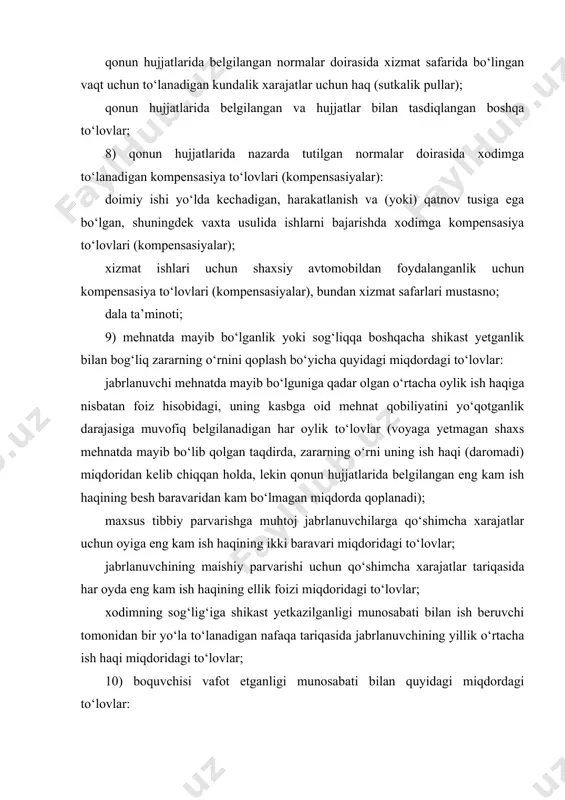 lik foizi miqdoridagi tо‘lovlar; xodimning sog‘lig‘iga shikast yetkazilganligi munosabati bilan ish beruvchi tomonidan bir yо‘la tо‘lanadigan nafaqa tariqasida jabrlanuvchining yillik о‘rtacha ish haqi miqdoridagi tо‘lovlar; 10) boquvchisi vafot etganligi munosabati bilan quyidagi miqdordagi tо‘lovlar: marhumning о‘rtacha ish haqining vafot etgan boquvchining qaramog‘ida bо‘lgan va uning vafoti munosabati bilan zararni undirishga haqli bо‘lgan mehnatga qobiliyatsiz shaxslarga tо‘g‘ri keladigan ulushi miqdoridagi tо‘lovlar; boquvchisi vafot etganligi munosabati bilan zararni undirishga haqli bо‘lgan shaxslarga bir yо‘la tо‘lanadigan nafaqa tariqasida marhumning о‘rtacha yillik ish haqining olti baravari miqdoridagi tо‘lovlar; 11) talabalarning ta’lim olishi uchun, о‘zbekiston respublikasining oliy о‘quv yurti bilan tо‘g‘ridan-tо‘g‘ri shartnomalar bо‘yicha pulli-kontrakt asosida о‘tkaziladigan tо‘lovlar; 12) mol-mulkni sug‘urta qilish va (yoki) hayotni uzoq muddatli sug‘urta qilish bо‘yicha о‘zbekiston respublikasida sug‘urta faoliyatini amalga oshirish uchun lisenziyaga ega bо‘lgan yuridik shaxslarga tо‘lanadigan sug‘urta mukofotlari. mol-mulkni sug‘urtalash va (yoki) hayotni uzoq muddatli sug‘urtalash shartnomasi muddatidan ilgari bekor qilinganda va sug‘urtalovchi sug‘urta qilinuvchiga sug‘urta mukofotining bir qismini …
