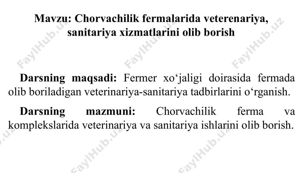 archa transport vositalari kasal hayvonlar va ular chiqaradigan najas va ifloslangan yer, ishlovchi xodimlar va ularning kiyim kechaklari dezinfektsiya qilinadi. o‘tkaziladigan barcha chora-tadbirlar maqsadiga qarab quyidagi turlarga bo‘linadi: 1. proflaktika; 2. majburiy proflaktika. shartli patogen mikroblarni yoki mikrob tarqatuvchi hayvonlar chiqaradigan patogen qo‘zg‘atuvchilarni yo‘qotish yoki zararsizlantirish maqsadida o‘tkaziladi. bunday dezinfektsiya chorvachilik ferma va komplekslarida eng asosiy yumushlardan biri hisoblanadi, chunki bu ish o‘z vaqtida amalga oshirilmasa chorvachilik ferma va komplekslarida turli xil kasalliklar tarqatuvchi mikroblar rivojlanib iqtisodiy jihatdan juda katta falokatli oqibatlarni olib kelishi mumkin. shuning uchun bu tadbirlarni muntazam ravishda juda puxta o‘tkazish lozim. majburiy dezinfektsiya u 2 xil bo‘ladi. 1. kundalik (joriy); 2. oxirgi (yakunlovchi). kundalik (joriy dezinfektsiya kasallik paydo bo‘lgandan boshlab toki u tugatilguncha, har bir yuqumli kasallik uchun belgilangan muddatda o‘tkaziladi. oxirgi (yakunlovchi) dezinfektsiya esa yuqumli kasallik tugatilgandan keyin, karonten bekor qilinishdan oldin o‘tkaziladi. dezinfektsiyalashda qo'llaniladigan vositalar va kiyim-kechaklar. barcha chorvachilik ferma va komplekslari qurilishi batomom …