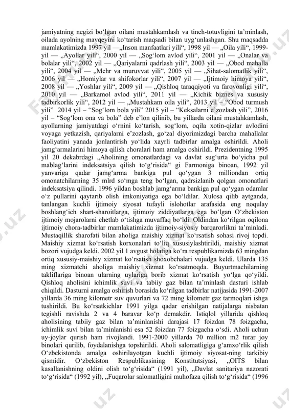 tarzidagi pul to‘lovlarini keng qo‘lladi. korxonalarning o‘z xodimlariga ijtimoiy yordam ko‘rsatish sohasidagi xarajatlaridan bir qismi budjet mablag‘lari hisobidan qoplanib turildi. keng iste’mol mollari va xizmatlarining ko‘pgina turlari narxlaridagi tafovutlarning o‘rni davlat budjeti hisobidan qoplandi. boshlang‘ich sinf o‘quvchilari, 2 yoshgacha bo‘lgan bolalar uchun bepul ovqat, barcha maktab o‘quvchilari va talabalar uchun ovqatning arzonlashtirilishi kabi imtiyozlar amal qildi. ayrim toifadagi fuqarolarga uy-joy bepul xususiy mulk qilib berildi. islohotlarning birinchi bosqichi davomida ijtimoiy himoyalash xarajatlari respublika budjetining salkam uchdan bir qismini tashkil etdi. davlat budjeti hisobidan aholining kam ta’minlangan tabaqalarini ijtimoiy jihatdan qo‘llab-quvvatlash choralari ko‘rildi. bular jumlasiga pensionerlar, nogironlar, ko‘p bolali va kam daromadli oilalar, ishsizlar, o‘quvchi yoshlar kiradi. 1991-1994 yillarda respublika budjeti hisobidan 30 ta soha va yo‘nalishlar bo‘yicha ijtimoiy himoya, moddiy yordam amalga oshirildi. maktab muallimlari, bolalar uylari, maktabgacha va maktabdan tashqari muassasalar tarbiyachilari, oliy va o‘rta maxsus o‘quv yurtlarining professor-o‘qituvchilari, ilmiy, ijodiy va tibbiyot xodimlarini qo‘llab-quvvatlash maqsadida davlat kvartiralari ularga …