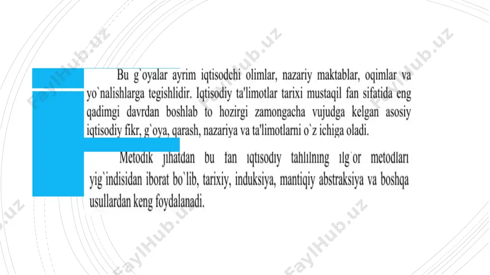 ўн йилликларда ўтиш иқтисодиётини назарий жиҳатдан асослаш бўйича тажриба тўпланган. аммо бу ҳолат кўп мунозараларга сабаб бўлмоқда. ўтиш иқтисодиёти демак, иқтисодий таълимотлар тарихи фанининг муҳим хусусиятларидан бири, бу унинг доимо ҳаракатда, ўзгариш ва ривожланишда эканлигидир. бир мамлакат чегарасида иқтисодий таълимот таъсири остида иқтисодий сиёсат ҳар доим ривожланишда бўлиши керак. «амалда иқтисодий ғоялар ўз даври ва вужудга келиш жойининг махсули бўлиб, улар билан чамбарчас боғлангандир; бу ғояларни улар тушунтириб бераётган дунёдан мустақил равишда ажратиб қараш мумкин эмас; бу дунё эса доимо ўзгаришда бўлади, агар бу ғоялар ўз мақсадларига тўла жавоб беришни кўзласалар, доимо шунга мос равишда ўзгариб туришлари керак» ж.к.гэлбрейт 1908-2006 иқтисодий таълимотлар тарихини ўрганишда даврлаш тизими «иқтисодий таълимотлар тарихи» фанида айрим олимлар, давлат арбоблари томонидан илгари сурилган ғоя, қараш, назария, қонун, таълимот, концепциялар инсоният тараққиётининг турли босқичларидаги ижтимоий қатламлар, синфлар ва бошқа гуруҳларнинг манфаатлари нуқтаи назаридан тарихий ривожланиши тадқиқ этилади. натурал хўжалик даври (м.а. хii аср ярми) - савдо ҳали …