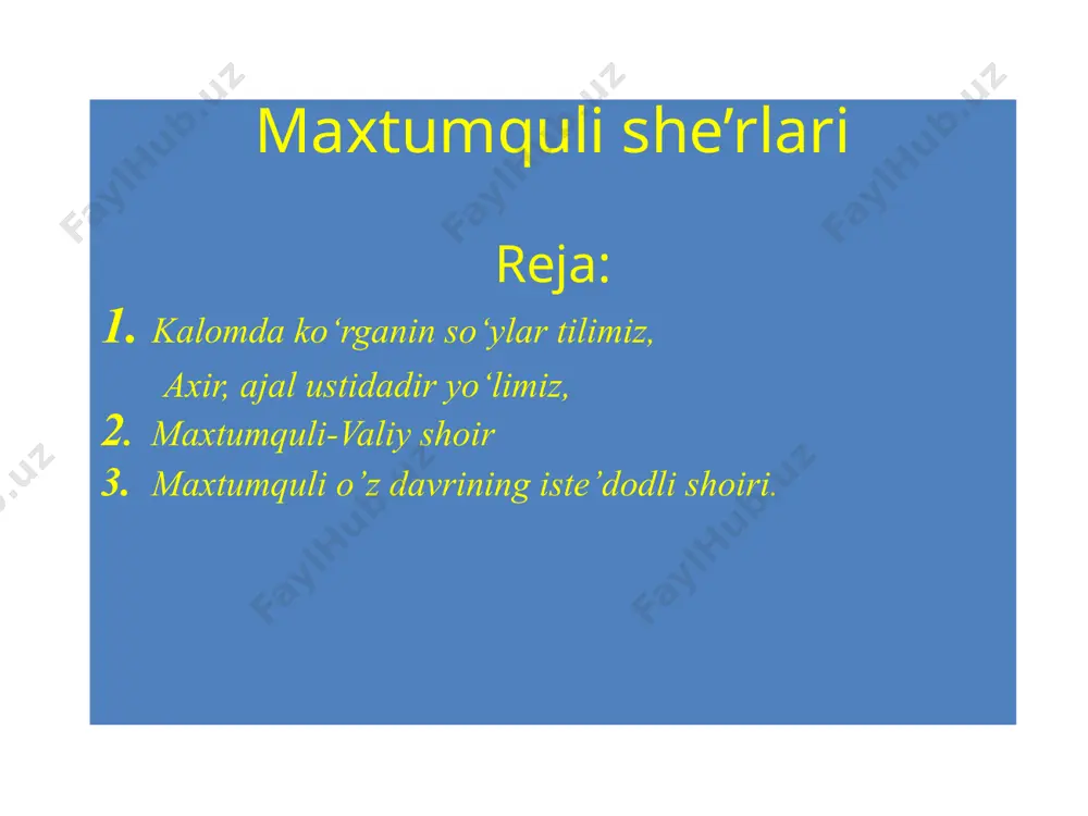 u jahonning ishratini suymadi, eski sholdan ortiq po‘shish kiymadi, oxirat uyi bo‘ldi qasdi otamning. "munkir bilmas, muxlislarning shakki yo‘q, payg‘ambar dastidir dasti otamning" satrlari hazrati rasululloh (s.a.v.)ning: "kimki bir olim kishini hurmat qilsa, muhaqqaq, u meni hurmat qilgan bo‘ladi" hamda: "har bir muttaqiy olim mening ahli baytimdandir" degan muborak hadisi shariflariga asoslangan. nuqabo der: uch yuz eran ko‘rishdi, chiltanda otamga nazarim tushdi, nujabo borsam, hafttanlarga qorishdi, abdollardir chin payvasti otamning. maxtumquli otasi singari boshlang‘ich ta’limni qishloq maktabida oladi. keyin markaziy osiyoning ulkan madaniyat va ilm-fan markazlaridan bo‘lmish ko‘hna xiva shahrida, "sherg‘ozixon" madrasasida o‘qiydi. qiziloyoq ovulidagi (hozirgi chorjo‘y viloyati, xalaj tumani) idris bobo madrasasida bir qancha vaqt ilm oladi. u buxoroi sharifdagi ko‘kaldosh madrasasida ham ta’lim olgan. maxtumquli uch yil o‘qib, muhim ilmlarni o‘zlashtirib, qur’oni karimni xatm qiladi, o‘zi aytganidek, dili ochiladi, oq-qorani, haq-nohaqni, do‘st-dushmanni ajratadigan bo‘ladi. yosh olim madrasa bilan xayrlashuv she’rida shukrona tuyg‘ularini bunday ifoda etadi: haqdan bizga buyruq …