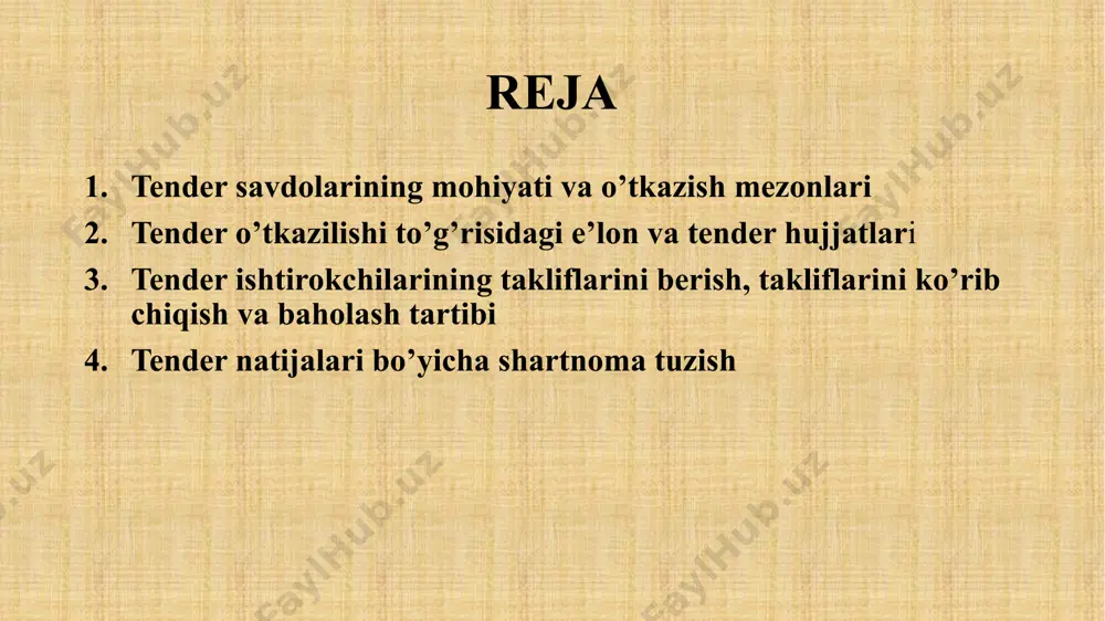 bilan rasmiylashtirilishi kerak. 2. tender o’tkazilishi to’g’risidagi e’lon va tender hujjatlari tender vositasidagi davlat xaridi to’g’risidagi axborot davlat buyurtmachisi tomonidan cheklanmagan miqdordagi shaxslarga maxsus axborot portali orqali davlat xaridlarining elektron tizimiga, shuningdek davlat buyurtmachisining xohishiga ko’ra uning veb-saytiga yoki uning yuqori turuvchi organining rasmiy veb-saytiga, shuningdek ommaviy axborot vositalarida tender o’tkazilishi to’g’risidagi e‘lonni va tender bo’yicha xarid qilish hujjatlarini joylashtirish yo’li bilan ma‘lum qilinadi. tender o’tkazilishi to’g’risidagi e‘lon faqat tender bo’yicha xarid qilish hujjatlari yuzasidan kompleks ekspertiza qilish markazining ijobiy xulosasi olinganidan keyin joylashtiriladi. tender o’tkazilishi to’g’risidagi e‘lon tender ishtirokchilaridan takliflarni qabul qilish muddati tugaydigan sanadan kamida o’n ikki ish kuni va ko’pi bilan o’ttiz ish kuni oldin maxsus axborot portali orqali davlat xaridlarining elektron tizimiga davlat buyurtmachisi tomonidan joylashtiriladi. tender o’tkazilishi to’g’risidagi e‘lon quyidagi axborotni o’z ichiga olishi kerak:  tenderni o’tkazish shakli;  tovarning (ishning, xizmatning) batafsil tavsifi va boshlang’ich narxi;  tender o’tkaziladigan joyning manzili;  tender …