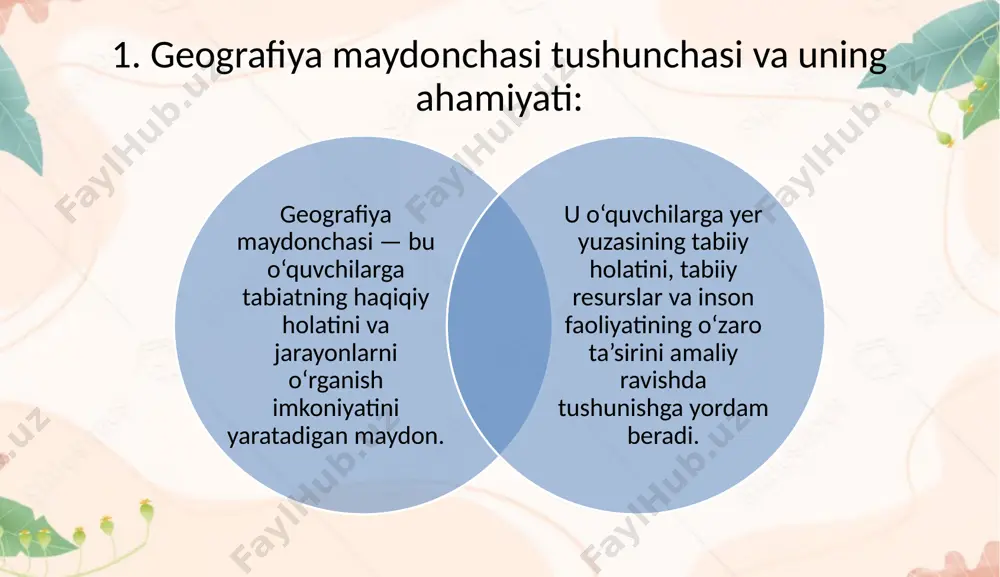 analitik fikrlashni rivojlantiradi. xulosa geografiya maydonchasi o‘quvchilarga nazariy bilimlarni amaliy ravishda qo‘llash imkoniyatini yaratadi. amaliy mashg‘ulotlar, geografik maydonchada o‘tkaziladigan tajriba va kuzatishlar o‘quvchilarning bilimlarini mustahkamlaydi va haqiqiy dunyo bilan bog‘lanishlarini ta’minlaydi. bu jarayon o‘quvchilarda ilmiy va ijodiy fikrlash ko‘nikmalarini shakllantiradi. foydalanilgan adabiyotlar: mirzaev, t. (2019). geografiya ta’limining asoslari. toshkent: o‘qituvchi nashriyoti. zayniddinov, r. (2021). geografiya darslarida amaliy ishlar va tajribalar. tashkent: tdpu nashriyoti. abdurahmonov, s. (2020). geografiya fanini o‘qitish metodikasi. toshkent: fan va texnologiya. toshqulova, f. (2018). geografiya maydonchasida amaliy mashg‘ulotlarni tashkil qilish. samarkand: samarqand davlat universiteti nashriyoti. xolbekov, s. (2022). pedagogik metodlar va zamonaviy texnologiyalar asosida geografiya o‘qitish. toshkent: pedagogika. image2.png image3.png image4.png image1.png /docprops/thumbnail.jpeg