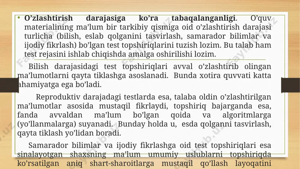 qil o’zlashtirib borish zarur. test topshiriqlari tuzishga oid yuqoridagi talablarga rioya qilish, ularning talabalar bilimini haqqoniy va aniq o’lchash xususiyatlarini ta’minlaydi. buning uchun test topshiriqlari tuzishda mutaxassis olimlar, fan o’qituvchisi, uslubchi, pedagog va psixologlarning hamkorlikdagi faoliyatini ta’minlash zarur. image5.png image6.png image3.png image4.png /docprops/thumbnail.jpeg