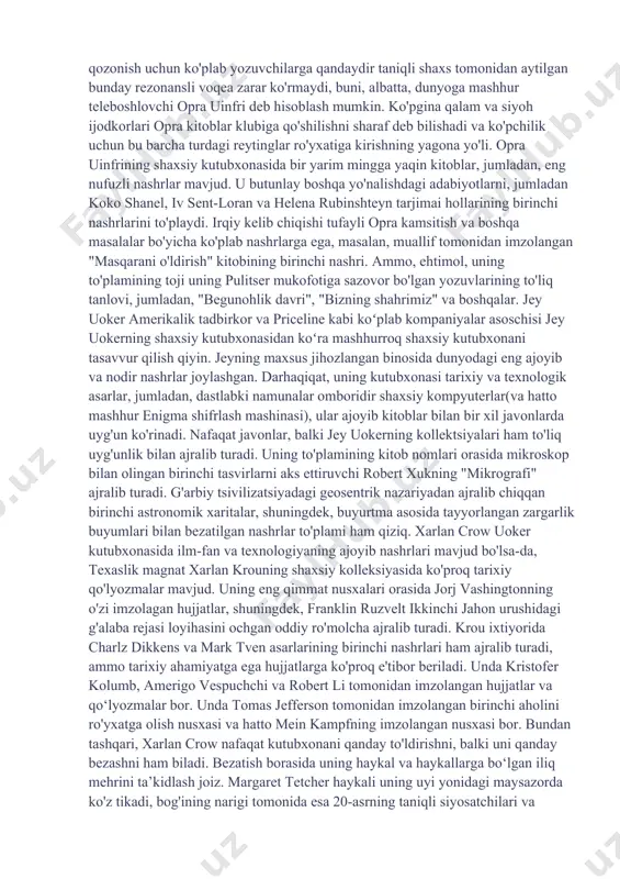 kitob o'quvchilarini va bir nechta stol o'yinlarini sotib olishingiz mumkin. tijorat kutubxonalari ommaviy kutubxonalardan katta ustunlikka ega: ular talabalarni yollash imkoniyatiga ega, bu esa mehnat xarajatlarini sezilarli darajada tejash imkonini beradi. masalan, yoshlar kutubxonada smenada ishlashlari mumkin, ular belgilangan ish haqi emas, balki ishlagan soatlari uchun haq oladilar. kutubxonaning normal ish vaqti ish kunlari soat 9:00 dan 18:00 gacha. tijorat kutubxonalari tashrif buyuruvchilar uchun ertalab soat 8-9 dan 19-20 gacha, shu jumladan bir yoki hatto ikki kun dam olish uchun ochiq. ixtisoslashgan kutubxona tijorat muassasasi uchun eng yaxshi variantdir. masalan, bunday kutubxona faqat biznes adabiyotlarini taklif qilishi mumkin (qoida tariqasida, u kafe formatida ishlaydi) yoki faqat bolalar uchun mo'ljallangan. ikkinchi holda, bu kutubxona va bolalar dam olish markazi o'rtasidagi xochdir. aytgancha, katta shahar kutubxonalari bolalar bilan pullik darslar ham o'tkaziladi (adabiy to'garaklar, tasviriy san'at, yaratish). dars uchun miqdor odatda ramziydir. pullik kitob klublari nafaqat maktabgacha va boshlang'ich maktab o'quvchilari, balki …