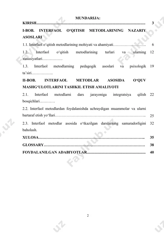 n metodlardir. so‘nggi yillarda o‘zbekiston ta’lim tizimida amalga oshirilayotgan tub islohotlar aynan shu metodlarni keng joriy etishga qaratilgan bo‘lib, bu borada davlat tomonidan qator muhim farmon va qarorlar qabul qilindi. oʻzbekiston respublikasi prezidenti tomonidan 2022-yil 11-mayda qabul qilingan “2022–2026-yillarda xalq taʼlimini rivojlantirish boʻyicha milliy dastur” toʻgʻrisidagi pf–134-sonli[footnoteref:1] farmonida taʼlim jarayoniga zamonaviy pedagogik texnologiyalarni, jumladan, interfaol metodlarni joriy etish asosiy yo‘nalish sifatida belgilandi. ushbu hujjatda ta’limda sifat ko‘rsatkichlarini yaxshilash uchun oʻqituvchilarning metodik savodxonligini oshirish, zamonaviy dars ishlanmalarini yaratish va ularni amaliyotga tatbiq etish zarurligi alohida qayd etilgan. shuningdek, ta’lim sifatini oshirish uchun zamonaviy, interfaol yondashuvlar asosida oʻquv mashgʻulotlarini tashkil etish dolzarb masala sifatida belgilangan. farmonda ilgari surilgan asosiy g‘oyalar — ta’limni shaxsga yo‘naltirish, amaliy ko‘nikmalarni rivojlantirish, mustaqil fikrlashga undash va zamonaviy kompetensiyalarni shakllantirish – aynan interfaol metodlar orqali amalga oshiriladi. [1: oʻzbekiston respublikasi prezidenti tomonidan 2022-yil 11-mayda qabul qilingan “2022–2026-yillarda xalq taʼlimini rivojlantirish boʻyicha milliy dastur” toʻgʻrisidagi pf–134-sonli farmoni] 2024-yil 2-fevralda …