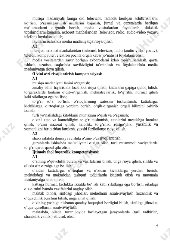 daniyatga rioya qilish. a2 mavjud axborot manbalaridan (internet, televizor, radio (audio-video yozuv), telefon, kompyuter, elektron pochta orqali xabar jo‘natish) foydalana olish; media vositalardan zarur bo‘lgan axborotlarni izlab topish, saralash, qayta ishlash, uzatish, saqlashda xavfsizligini ta’minlash va foydalanishda media madaniyatga rioya qilish. o‘zini o‘zi rivojlantirish kompetensiyasi: a1 musiqa madaniyati fanini o‘rganish; amaliy ishni bajarishda tozalikka rioya qilish, kattalarni gapiga quloq tutish, to‘garaklarda fanlarni o‘qib-o‘rganish, mehnatsevarlik, to‘g‘rilik, hurmat qilish kabi sifatlarga ega bo‘lish; to‘g‘ri so‘z bo‘lish, o‘rtoqlarining xatosini tushuntirish, kattalarga, kichiklarga, o‘rtoqlariga yordam berish, o‘qib-o‘rganish orqali bilimini oshirib borish; turli yo‘nalishdagi kitoblarni muntazam o‘qish va o‘rganish; o‘zini xato va kamchiligini to‘g‘ri tushunish, xatolarini tuzatishga harakat qilish, o‘zini nazorat qilish, halollik, to‘g‘rilik, rostgo‘ylik, yaxshilik va yomonlikni bir-biridan farqlash, yaxshi fazilatlarga rioya qilish. a2 shaxs sifatida doimiy ravishda o‘zini-o‘zi rivojlantirish; guruhlarda ishlashda ma’suliyatni o‘ziga olish, turli muammoli vaziyatlarda to‘g‘ri qaror qabul qila olish. ijtimoiy faol fuqarolik kompetensiyasi: a1 o‘zining o‘quvchilik burchi va vazifalarini bilish, …