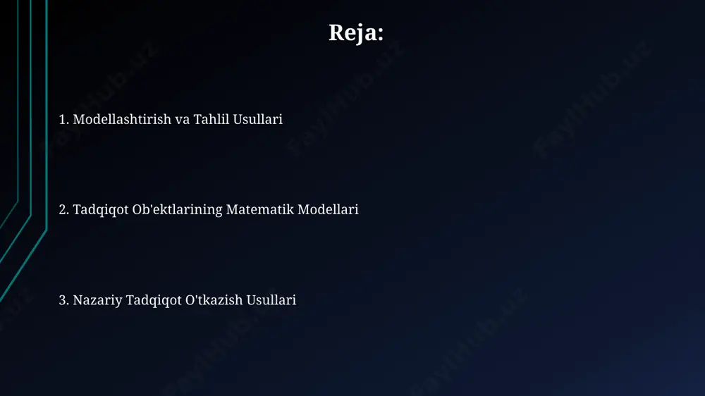 ilgan (2-3 parametr) yoki murakkab (10 dan ortiq parametr) bo'lishi mumkin, bu natijalarning aniqligiga ta'sir qiladi. modellashtirishning 3 asosiy turi mavjud: stochastic, deterministik va simulyatsion, ular tadqiqot obyektining xususiyatlariga va maqsadlariga qarab tanlanadi. tadqiqot obyektlarining matematik modellari murakkab tizimlarni modellashtirishda, 5 dan ortiq o'zgaruvchini o'z ichiga olgan differentsial tenglamalar tizimlari qo'llanilib, bu tizimning dinamikasini va vaqt o'tishi bilan o'zgarishini aniqlashga imkon beradi. tadqiqot obyektining matematik modeli, masalan, 3 o'zgaruvchili chiziqli tenglama yordamida ifodalanishi mumkin bo'lib, unda har bir koeffitsient muayyan parametrni aks ettiradi va modeldagi bog'lanishlarni ko'rsatadi. modellarning tekshirilishi va tasdiqlanishi modelning tasdiqlanishi uchun statistik testlar, masalan, x² testi yoki t-testi qo'llaniladi, bu erda p-qiymati 0,05 dan kam bo'lsa, nol gipotezasi rad etiladi va model tasdiqlanadi. modellarning validligi va ishonchliligi ko'p sonli simulyatsiyalar va sezgirlik tahlillari orqali baholanadi, bunda parametrlarning o'zgarishi modelning natijalariga qanday ta'sir qilishi aniqlanadi. e'tiboringiz uchun rahmat @taqdimot_robot image1.jpg image2.jpg image3.jpg image4.jpg image5.jpg image6.jpg image7.jpg