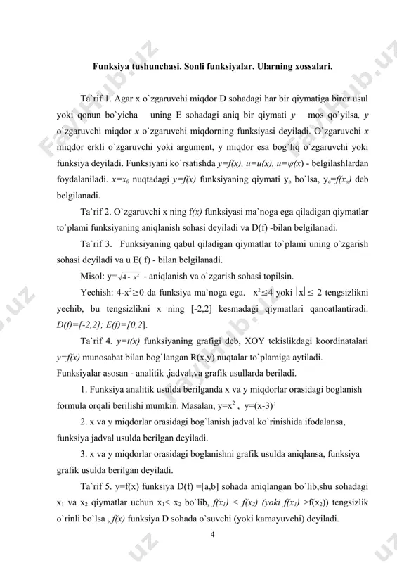 siya d sohada o`suvchi (yoki kamayuvchi) deyiladi. ta`rif 6. agar x1 0), bu funksiya [a;b] kesmaning qaysidir nuqtasida nolga aylanadi. misol. x -6x+3=0 tenglama [2;3] kesmada hech bo`lmaganda bitta ildizga ega. shuni isbotlaymiz. haqiqatan, y=x -6x+3 uzluksiz funksiya bu kesmaning chap oxirida qiymatini, o`ng oxirida qiymatni qabul qiladi. bu qiymatlar turli ishorali, shuning uchun funksiya [2;3] kesmada nolga aylanadi. bu esa x -6x+3=0 tenglama bu kesmada hech bo`lmaganda bitta ildizga ega ekanligini anglatadi. hosila tushunchasi y=f(x) funksiyaning hosilasi deb, funksiya orttirmasi y ni argumentning mos orttirmasi x ga nisbatining x o dagi limitiga aytiladi. y=f(x) funksiyaning hosilasini belgilash uchun bir qator belgilar mavjud: y ; y ; yoki f (x); y=f(x)funksiyaning hosilasini hisoblash differensiallashning umumiy qoidasi bo`yicha to`rt bosqichda bajariladi: 1) x argumentga x orttirma beramiz va funksiyaga x argumentning o`rniga orttirilgan qiymatni qo`yib, fuksiyaning orttirilgan qiymatini hosil qilamiz: y + y=f(x+ x) 2) funksiyaning orttilgan qiymatidan uning dastlabki qiymatini …