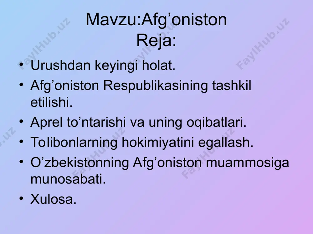 ardi. biroq u mamlakat hayotida tub o'zgarishlar qila olmadi. uning siyosati eski tartib manfaatlariga to'la javob beradigan qatlamlar — ruhoniylar, katta yer egalari, davlat amaldorlarining qattiq qarshiligiga duch keldi. ikkinchidan esa, dovud mamlakatda o'z rejimini o'rnatishga intildi. chunonchi, u 1964-yilgi konstitutsiyani bekor qildi. parlamentni tarqatdi va yakka partiyaviy tizimni joriy etdi. bu rasmiy partiyaga uning o'zi rahbarlik qildi. 1976—1978-yillarda hukumat mavjud tartibga qarshi kuchlarni qata-g'on qilishni kuchaytirdi. terror va qatag'ondan mamlakat harbiylari orasida ham ta'sirga ega bo'lgan afg'oniston xalq-demokratik partiyasi ham chetda qolmadi (axdp 1965-yilda tuzilgan edi) tolibonlarning hokimiyatini egallash. ular afg'onistonda jamiyat hayotini sof islom asosida qayta qurish uchun kurashga bel bog'lagan diniy-siyosiy guruh vakillaridir. ularning katta qismini fuqarolar urushi davrida yetim qolgan bolalar tashkil etardi. sovet armiyasi afg'onistonga kiritilgach, ular pokiston hududida boshpana topgan edilar. urush davrida pokistonga qochib o'tgan 5 mln afg'on qochoqlar farzandlarining ham ma'lum qismi tolibon guruhiga jalb etilgan. tolibonlar pokiston harbiy mashq maktablarida puxta …