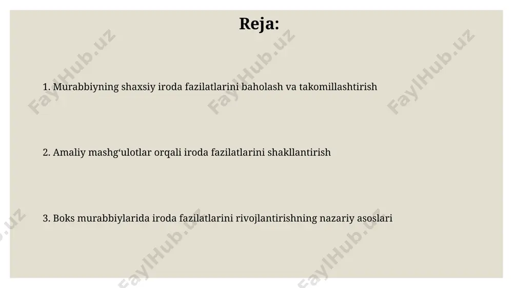 va mas'uliyat hissini sezilarli darajada kuchaytirdi, bu esa ularning ruhiy chidamliligini oshirdi. muvaffaqiyatga erishish yo'llari xorij tajribasi, xususan, aqshning 25 ta boks klublaridagi kuzatuvlar, o'z-o'zini boshqarish va disiplinani kuchaytirish orqali murabbiylarning professional darajasini 15% ga oshirish mumkinligini tasdiqlaydi. samarqanddagi 50 dan ortiq murabbiyning tajribasi shuni ko'rsatadiki, o'z ustida muntazam ishlash va 3ta asosiy ko'nikmani – strategik fikrlash, psixologik bardoshlilik va jismoniy tayyorgarlikni rivojlantirish muvaffaqiyatga erishishning kalitidir. e'tiboringiz uchun rahmat @taqdimot_robot image3.jpg image4.jpg image5.jpg image6.jpg image7.jpg