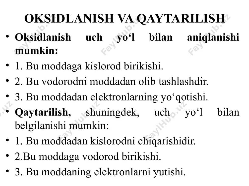 i kaliy marganat(vii) yordamida temir(ii) tuzining suvli eritmasini temir(iii) tuziga oksidlash uchun oksidlanish-qaytarilish tenglamasini tuzing. oksidlanish darajasi 4.1-bo‘limda biz elementning oksidlanish soni uning kislorod bilan birlashish kuchiga teng ekanligini ko‘rdik. uchta eng muhim qoidalar berilgan va ba’zi elementlar va ionlarning oksidlanish sonlariga misollar 4.5-jadvalda keltirilgan. oksidlanish-qaytarilish reaktsiyalarini ko‘rib chiqishda oksidlanish raqamlari ayniqsa muhimdir. oksidlanish soni va oksidlanish-qaytarilish jarayoniga oid ikkita muhim qoida mavjud. 1-qoida: oksidlanish jarayonida oksidlanish darajasi ortadi 2-qoida: qaytarilish paytida oksidlanish darajasi kamayish disproporsiyalanish bu oksidlanish-qaytarilish reaksiyasi bo‘lib, unda bir xil elementning qaytarilishi va oksidlanishi sodir bo‘ladi. misol nitrit kislotasi disproporsiyalanganda nitrat kislota va azot oksidi hosil qiladi: oksidlovchi moddalar oksidlovchi vosita boshqa moddani oksidlaydigan moddadir. oksidlanish jaryonida oksidlovchi moddaning o‘zi qaytariladi. umumiy oksidlovchi moddalar uch toifaga bo‘linadi. 1.metallmaslar ular anionlarni hosil qilish uchun elektronlarni qabul qiladi. xlor bu turdagi oksidlovchi moddalarning namunasidir. masalan, bromid ionlarini oksidlaydi. umumiy reaksiya uchun ionli tenglama cl2(g)+2br-(aq)→2cl-(aq)+br2(g) shunday qilib bromid oksidlanadi: 2br-(aq) …
