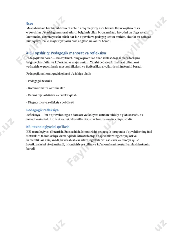 iya — bu o‘qituvchining o‘z darslari va faoliyati ustidan tahliliy o‘ylab ko‘rishi, o‘z metodikasini tahlil qilishi va uni takomillashtirish uchun xulosalar chiqarishidir. kbi texnologiyasini qo‘llash kbi texnologiyasi (kuzatish, baxslashish, ishontirish) pedagogik jarayonda o‘quvchilarning faol ishtirokini ta’minlashga xizmat qiladi. kuzatish orqali o‘quvchilarning ehtiyojlari va kamchiliklari aniqlanadi, baxslashish esa ularning fikrlarini asoslash va himoya qilish ko‘nikmalarini rivojlantiradi, ishontirish esa bilim va ko‘nikmalarni mustahkamlash imkonini beradi.