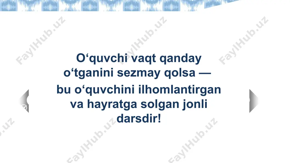 rdan foydalanish • mantiqiy fikrlashdan foydalanish • yechimni to‘g‘riligini tekshirish • muqobil yechimlarni izlash • muammoni kengaytirish 4. ortga nazar 3. rejani amalga oshirish • qonuniyatni qidirish • diagramma/rasmdan foydalanish • muammoni soddalashtirish • tizimli ro‘yxat tuzish va boshqalar 2. reja ishlab chiqish • berilgan ma’lumotlarni qidirish • ma’lumotni tasavvur qilish • ma’lumotni tartibga solish • ma’lumotlarni bog‘lash 1. muammoni tushunish poleaning matematik muammolarni yechish bosqichlari muammo nima haqida? nima ma’lum yoki noma’lum? berilgan ma’lumotlar va shartlar qanday? ma’lumot yetarlimi yoki sizga qo‘shimcha ma’lumot kerakmi? muammo nima ekanligini bilmasangiz, muammoni hal qilish imkoni bo‘lmaydi 1. muammoni tushunish muammo bilan bog‘liq bo‘lgan ilgari o‘rganilgan metodlarni eslab ko‘ring? bu muammoni yechishda qanday formula, qonuniyat yoki qoidalarni qo‘llash mumkin? muammoni kichik qismlarga ajratish mumkinmi? muammoni tushunganingizdan so‘ng uni yechish uchun strategiya ishlab chiqish 2. reja ishlab chiqish har bir qadamni tushunib va asoslab bajaring yechimning har bir bosqichini nazorat qilib boring hisoblashlarni aniq …