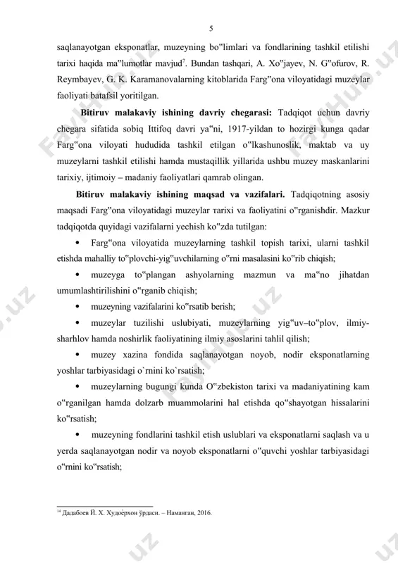 iloyati tumanlarida faoliyat yuritgan uy muzeylarining tarixi va faoliyati bo‟yicha farg‟ona viloyati tumanlarida faoliyat yuritayotgan uy muzeylarining arxiv fondi tadqiqotimizning ob‟yekti va predmetini tashkil etadi. bitiruv malakaviy ishi natijalarining ilmiy-amaliy ahamiyati. bitiruv malakaviy ishida qayd etilgan takliflar, ishlab chiqilgan xulosalar farg‟ona viloyatidagi muzeylarholatlarini yaqqol tasavvur etishgaimkon beradi. bitiruv malakaviy ishida ilmiy xulosalar o‟zbekiston tarixining mazkur davr bo‟yicha mavjud bo‟shlig‟ini to‟ldiradi. tadqiqotda keltirilgan ma‟lumotlar ilmiy asosga ega bo‟lib, asosiy xulosa va tavsiyalari muzeylar faoliyatini takomillashtirishda, uning samaradorligini oshirishga yo‟naltirilgan tadbirlarni ishlab chiqishda qo‟llanilishi mumkin. shuningdek, tadqiqot natijalaridan muzey ishida, oliy va o‟rta maxsus o‟quv yurtlari tizimida ma‟ruza va seminar mashg‟ulotlarini o‟tkazishda, ta‟lim jatumanida hamda darsliklar, o‟quv - uslubiy qo‟llanmalar, ilmiy risolalar yozishda foydalanish mumkin. bitiruv malakaviy ishning tarkibiy tuzilishi. bitiruv malakaviy ish o‟z oldiga qo‟ygan maqsad va vazifalarni inobatga olgan holda kirish, ikkita bob va beshta bo‟lim, xulosa, foydalanilgan manbalar va adabiyotlar ro‟yxati, ilovalardan iborat. bitiruv malakaviy ishining xajmi 63 betni …