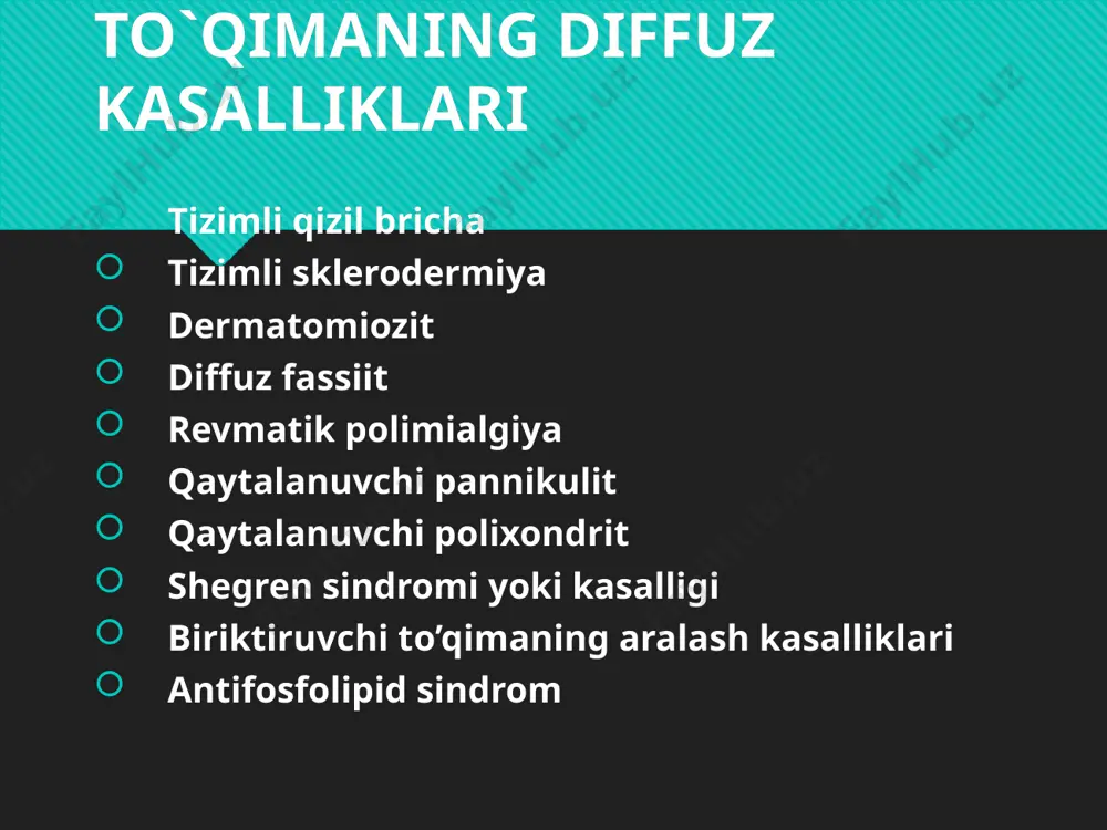kasallikning dastlabki belgisi. tayanch-harakat tizimining zararlanishi – artralgiyalar – artritlar 90-100% bemorlarda mialgiyalar – 35-45% bemorlarda yurak zararlanishi – perikardit miokardit libman – saks endokarditi pankardit o`pkalar zararlanishi 50-80% - quruq va ekssudativ plevrit lyupus pnevmonit oshqozon-ichak yo`llari zararlanishi – 50% hollarda buyraklar zararlanishi nefrit minimal peshob sindromi bilan nefrit nefrotik sindrom bilan faol lyupus-nefrit ifodalangan peshob sindromi bilan 1/3 bemorlarda asab tizimi zararlanishi periferik va bosh miyadan chiquvchi nervlar – 1/3 bemorlarda xoreya tirishish sindromi ruxiy buzilishlar organik miya simptomlari tizimli qizil bo`richa tashxisiy mezonlar: 1. yanoq soxasidagi toshmalar. yanoq yoyida joylashgan, burun-yonoq burmasiga tarqalish tendensiyasiga ega. yassi yoki bo`rtib turuvchi eritema. 2. diskoid toshmalar. teri buzilishlariga ega bo`rtib turuvchi eritramatoz toshmalar. eski o`choklarda esa atrofik chandiqlar uchraydi. 3. fotosensibilizasiya. anamnezida yoki vrach kuzatuvida kuyosh nurlanishiga noodatiy reaksiya natijasida terida toshmalar paydo buladi. 4. og`iz bo`shlig’i yaralari. burun-xalqum yoki og`iz bo`shlig`ida vrach tomonidan aniqlanadigan ko`pincha og`riqsiz yaralar. 5. artrit. …