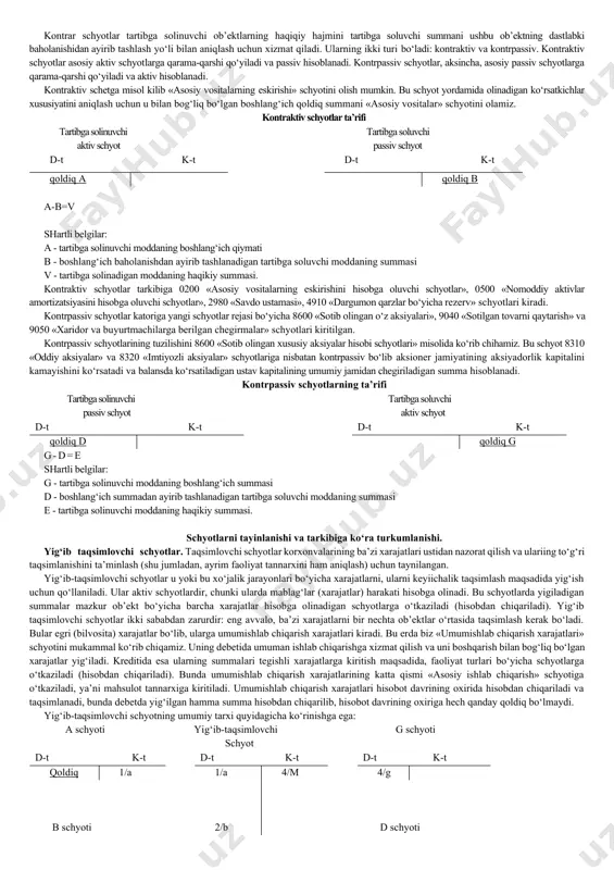 buxgalteriya hisobida qator murakkab schyotlar borki, ular o‘zlarining tuzilishlariga ko‘ra bunday oddiy tarzdan farq qiladi. bundaylarga xo‘jalik jarayonlari, xo‘jalik faoliyatining moliyaviy natijalari, topshiriqlarning bajarilishi hisobga oladigan schyotlar kiradi. bu schyotlarda hisobga olinadigan ob’ektlarning xususiyatlari aks ettiriladi. lekin ular qam aktiv va passiv schyotlarga mansubdir. schyotlardan to‘g‘ri foydalanish uchun - u yoki bu schyot yordamida qanday ko‘rsatkichlarni olish mumkinligi va unda qanday ob’ektlar hisobga olinishi zarurligini bilish maqsadida ular tasniflanadi. bunday schyotlarni turkumlash ikki belgi asosida tuziladi: qanday maqsadga tayinlanishi va tuzilishi hamda iqtisodiy mazmuniga qarab. schyotlarning qanday maqsadlarga tayinlanishi va tuzilishi bo‘yicha turkumlanishi, u yoki bu schyotlar, nima uchun, qanday ko‘rsatkichlarni olish uchun mo‘ljallangan hamda ularning tuzilishi qanday, ya’ni ularning debeti, kreditining mazmuni qanday, ulardagi sal’do qanday xususiyatga ega ekanligini ko‘rsatadi. ular buxgalteriya hisobida qo‘llaniladigan schyotlarning xususiyatlarini o‘rganish uchun xizmat qiladi va ularning ayrim turlari qanday xususiyatlarga ega ekanligini aniqlash imkonini beradi. schyotlarning iqtisodiy mazmuniga qarab turkumlanishi (iqtisodiy turkumlash), schyotlarda …