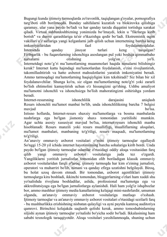 ma'lumot yoki nomaqbul tarkibdagi materiallarni nashr etishi mumkin: pornografik, nafratga sabab bo'lgan materiallar, o'z joniga qasd qilish materiallari, sektaviy materiallar, behayo so'zlar va x. kiberjinoyat - bu zararli dasturlarni tarqatish, parollarni buzish, kredit karta raqamlari va boshqa bank rekvizitlarini o’g’irlash, internetdan foydalangan holda noqonuniy ma’lumotlarni tarqatish kabi jinoiy maqsadlarda odamlar tomonidan sodir etilgan harakatlar. zararli dastur viruslarni o'z ichiga oladi, ular kompyuterga va unda saqlangan ma'lumotlarga zarar etkazishi mumkin. shuningdek, ular internet ulanishingizni sekinlashtirishi va hatto kompyuterda o'zlarining nusxalarini global tarmoq bo'ylab do'stlaringiz, oilangiz, hamkasblaringiz va boshqalarning kompyuterlariga tarqatish uchun foydalanishi mumkin. trolling - bu foydalanuvchilar o’rtasida o’zaro haqorat va hokazolar bilan birga nizolarni rivojlantirish uchun internetda provokatsion maqolalar yoki xabarlarni joylashtirish. kiberbulling - bu ijtimoiy tarmoqdagi postlar, tezkor xabarlar, elektron pochta xabarlari va sms ko’rinishida foydalanuvchilarga bildirilgan haqorat, haqorat yoki tahdid. ijtimoiy tarmoq - bu o'zingiz haqingizda ma'lumot joylashtirishingiz va boshqa foydalanuvchilar bilan ma'lumot, fotosuratlar, xabarlar va turli xil …