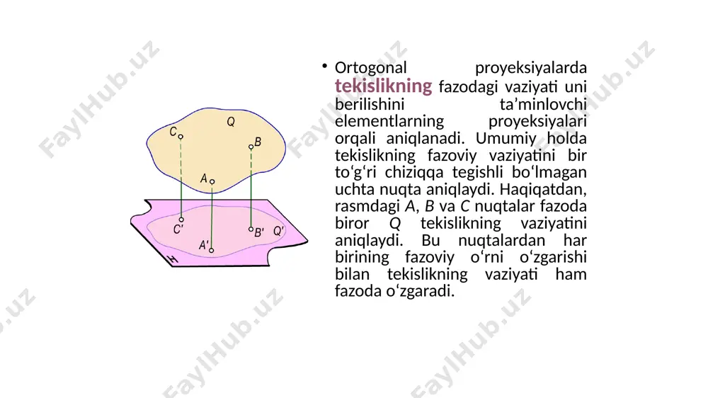‘g‘ri chiziq tekislikka perpendikulyar (ap). tekislikka tegishli to‘g‘ri chiziq va nuqta. quyidagi xollarda to‘g‘ri chiziq tekislikka tegishli bo‘ladi: agar to‘g‘ri chiziqning ikki nuqtasi tekislikka tegishli bo‘lsa, bu to‘g‘ri chiziq tekislikka tegishli bo‘ladi. masalan, a to‘g‘ri chiziqning a va b nuqtalari q tekislikka tegishli bo‘lganligi uchun a to‘g‘ri chiziq q tekislikka tegishli bo‘ladi; agar m to‘g‘ri chiziqning bir nuqtasi tekislikka tegishli bo‘lib, mazkur tekislikka tegishli yoki unga parallel biror to‘g‘ri chiziqqa parallel bo‘lsa, bu to‘g‘ri chiziq tekislikka tegishli bo‘ladi. masalan, m to‘g‘ri chiziqning c nuqtasi q tekislikka tegishli va bu to‘g‘ri chiziq mazkur tekislikka tegishli to‘g‘ri chiziqqa parallel bo‘lsa, u holda m to‘g‘ri chiziq q tekislikka tegishli bo‘ladi. to‘g‘ri chiziqning tekislikka tegishli bo‘lish shartlaridan quyidagi xulosalarga kelish mumkin. 1-xulosa. agar to‘g‘ri chiziq tekislikka tegishli bo‘lsa, bu to‘g‘ri chiziqning bir nomli izlari tekislikning bir nomli izlariga tegishli bo‘ladi. p tekislikka tegishli m to‘g‘ri chiziqning mh gorizontal izi tekislikning ph gorizontal izida, to‘g‘ri …