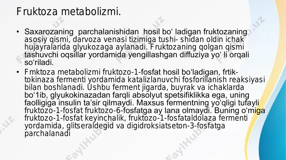 . mikroorganizmlar yo‘g‘on ichakda laktozani sut kislotasiga aylantirib, jarayon natijasida hosil bomgan metan (chj va vodorod (hj ichaklar faoliyatining buzilishi va meteorizmga olib keladi. • sut kislotasi osmotik faol modda bomib, ichaklarda suvni ushlab qoladi va diareyaga olib keladi. gaz va diareya boshqa moddalaming (yogdar va oqsillar) so’rilishini susaytiradi. ushbu holatni davolash usullari: • l) laktoza saqlovchi mahsulotlarni cheklash; qandli diabet • qandli diabet — giperglikemiyaning surunkali holati bo‘1ib, insulinning absolyut yoki nisbiy yetishmovchiligi natijasida uglerod almashinuvi boshqarilishining buzilishi oqibatida yuzaga keladi hamda glyukozuriya, poliuriya, polidipsiya, lipidlar, oqsillar, minerallar almashinuvining buzilishi va o‘tkir hamda surunkali asoratlar rivojlanishi bilan namoyon bo‘ladi. • qandli dibet 2 tipga bo‘ linadi : • 1 tip — insulinga bog‘1iq (20 %): • 2 tip - insulinga bog‘ liq bo‘ lmagan (80 %). • i tip diabetning sabablari: • l ) genetik determinlanish; • 2) bolalarda oshqozon osti bezi p-hujayra1arining autoimmun zararlanishi; • ii tip diabetning …