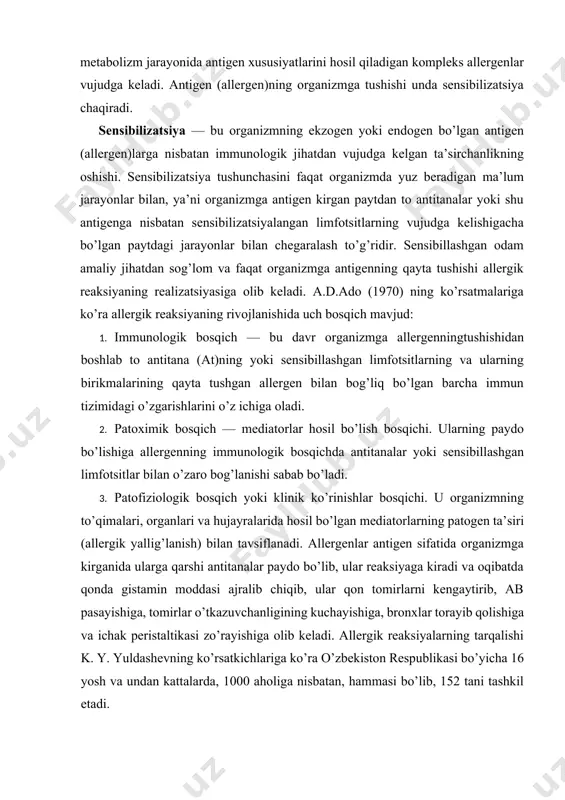 onxlar torayib qolishiga va ichak peristaltikasi zo’rayishiga olib keladi. allergik reaksiyalarning tarqalishi k. y. yuldashevning ko’rsatkichlariga ko’ra o’zbekiston respublikasi bo’yicha 16 yosh va undan kattalarda, 1000 aholiga nisbatan, hammasi bo’lib, 152 tani tashkil etadi. allergik reaksiyaning tasnifi. 1930- yilda sooke allergik reaksiyalarni klinik belgilarining paydo bo’lishiga qarab ajratdi: tez hosil bo’ladigan turi, 15—20 min va sekin hosil bo’ladigan turi 1—2 sutka davomida. u hozirgi zamon tushunchalaridan uzoqda edi, lekin terminlari shunday qulay ediki, ular tibbiyotga va kundalik foydalanishga puxta o’rnashdi. hozirgi vaqtda gell va coombs tavsifnomalari tasdiqlangan. reaksiya ikki fazada o’tadi: i. reagin turi (krapivnitsa, anaf.shok) 1. allergenning tushishiga javoban ige antitanalar (reaginlar) yuzaga keladi, ular alga retseptorlari bo’lgan bazofillar va bo’liq to’qimalarda o’rnashadi. allergenning qayta tushishida esa ag ± at reaksiyasi mediatorlarning (gistamin, serotonin va b.) chiqib ketishi bilan birga yuz beradi. qanchalik reaksiya tez yuz bersa, shunchalik natijasi og’ir bo’ladi. 2. faza 48—72 soat o’tgach boshlanishi mumkin. immunokompetent …