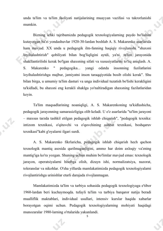 da tashxis qo'yilgan va prognozli natijalarni olish imkonini beradigan harakatlar, operatsiyalar va protseduralarning tartibli to'plami (в. а. slastenin); - maqsadga erishishga qaratilgan asosiy usullar (ilmiy asoslangan faoliyat usullari) to'plami (lv mardaxayev). shunday qilib, so'zning eng keng ma'nosida pedagogik texnologiyalar inson va texnik resurslardan foydalanish va o'qitish samaradorligiga erishish uchun ular o'rtasidagi o'zaro munosabatlar orqali o'quvchilarni o'qitish va tarbiyalashning barcha jarayonlarini rejalashtirish, qo'llash va baholashning tizimli usullari sifatida tushuniladi. pedagogikada texnologik yondashuv ta'lim va tarbiya jarayonini shu tarzda qurishni maqsad qilib qo'yadi, shuning uchun belgilangan maqsadlarga erishish kafolatlanadi. pedagogik texnologiyalar pedagogik natijalarga erishish uchun pedagogik jarayonning barcha boshqariladigan tarkibiy qismlarini tizimli tahlil qilish, tanlash, loyihalash va nazorat qilishni o'z ichiga oladi. metodikaga nisbatan pedagogik texnologiyalar tor tushunchadir, chunki texnika ma'lum bir texnologiyani tanlashni o'z ichiga oladi. "ijtimoiy texnologiyalar" tushunchasi sotsiologiyada paydo bo'lgan va ijtimoiy jarayonlarning rivojlanishiga kiritilgan natijalarni dasturlash va takrorlash imkoniyati bilan bog'liq. l.mardahayev, ijtimoiy-pedagogik texnologiyalarni o'rganish, ijtimoiy texnologiyalarni tushunishning …