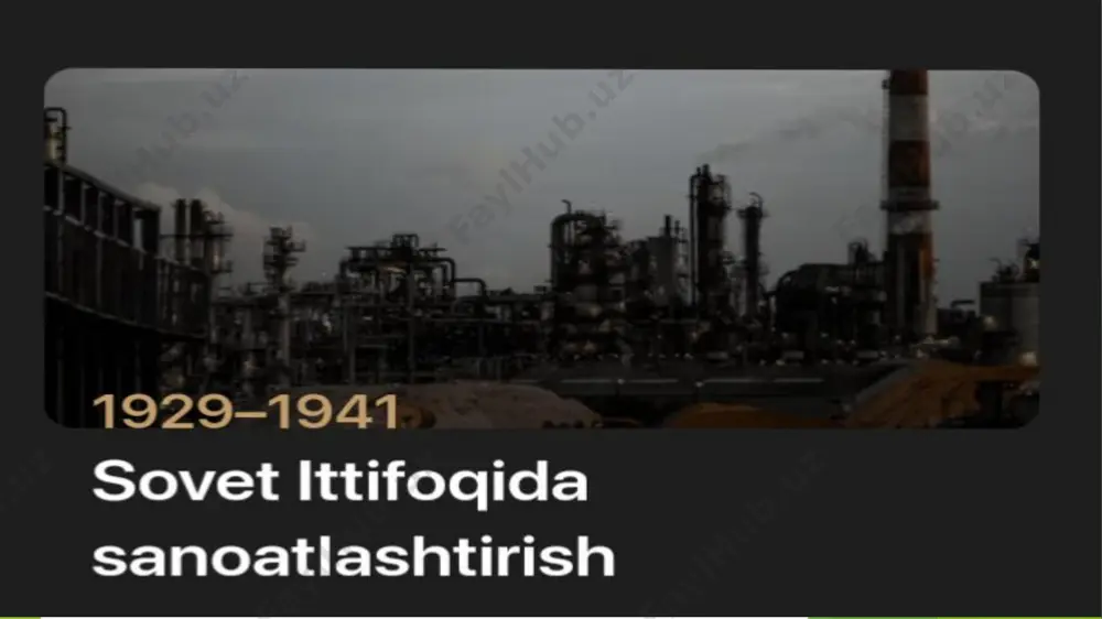 qoloqlikka barham berish; iqtisodiy musataqillikka erishish kuchli mudofaa ishlab chiqarishini yaratish va asosiy sanoat tarmoqlarini rivojlantirish stalingradagi traktor zavodi 1928 yilda butun mamlakatda kuniga 2 ta yuk mashinasi va 3 ta traktor ishlab chiqarildi. to‘qimachilik uskunalarining chorak qismi, bug‘ turbinalarining yarmidan ko‘pi, metall kesish dastgohlari va traktorlarning deyarli 70 foizi xorijdan sotib olindi. agar 1913 yildagi sanoat ishlab chiqarish darajasini oladigan bo’lsak, avval 100%, keyin 1928 yilda sssrda 20% edi. boshqa rivojlangan mamlakatlarda bu ko’rsatkich bir necha baravar yuqori bo’lib: aqshda 160%; germaniyada 104%; frantsiya – 127%; angliya 90%. shunday qilib, sssr ilg’orlardan past edi. sssrda sanoatlashtirishni moliyalashtirish manbalari sanoat, qishloq xoʻjaligidagi muammolar va oʻzgarishlarning butun majmuasini hal etish, xalq farovonligini oshirish uchun mavjud boʻlmagan ulkan mablagʻlar talab qilindi. xorijdan moliyalashtirish quyidagi sabablarga ko’ra mumkin emas edi: stalinning sanoatlashtirish tizmi chet elliklar tomonidan (yoki ularning ishtirokida) qurilgan infratuzilma ob’ektlari birinchidan, bu ish bermadi“dunyo olovini” yoqish uchun: evropa mamlakatlarida yagona evropa …