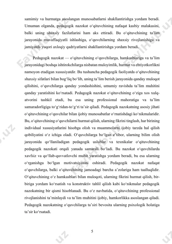 da pedagogik nazokatga bo‘lgan e’tibor ma’lum darajada kam bo‘lib, o‘qituvchilik roli asosan bilim berish va axloqiy qadriyatlarni o‘rgatishga qaratilgan edi. o‘qituvchi o‘zining bilimini va ma’rifatini o‘quvchilarga uzatishdan tashqari, ularga yuqori axloqiy qadriyatlarni ham o‘rgatish vazifasini bajargan. biroq, pedagogik nazokatning o‘quvchilar bilan ijobiy aloqalar o‘rnatishdagi roli o‘sha davrlarda kam o‘rganilgan edi. xvi–xvii asrlarda ilmiy va pedagogik fikrlar rivojlanishi bilan pedagogik nazokatga bo‘lgan e’tibor ortdi. o‘qituvchining o‘quvchilarga nisbatan muloyimligi, ularning shaxsiy ehtiyojlarini hisobga olish va ularni hurmat qilish tamoyillari jamiyatda ahamiyat kasb etdi. ayniqsa, yevropada, yangi pedagogik g‘oyalar va usullarning paydo bo‘lishi, o‘qituvchining o‘quvchilarga bo‘lgan munosabatini shakllantirishda muhim rol o‘ynadi. pedagogik nazokat, o‘qituvchining o‘quvchilarga nisbatan insofli va ijobiy munosabatda bo‘lishi, o‘quvchilarga motivatsiya berish va ta’lim jarayonida samimiy va qo‘llab-quvvatlovchi muhit yaratish kabi tushunchalarni o‘z ichiga oldi. xx asrning boshlariga kelib, pedagogik nazokatning ilmiy asoslari shakllandi. bu davrda pedagogika sohasidagi ilmiy tadqiqotlar o‘qituvchining shaxsiy fazilatlari, uning o‘quvchilar bilan muloqotdagi ko‘nikmalari va ijobiy ta’lim …
