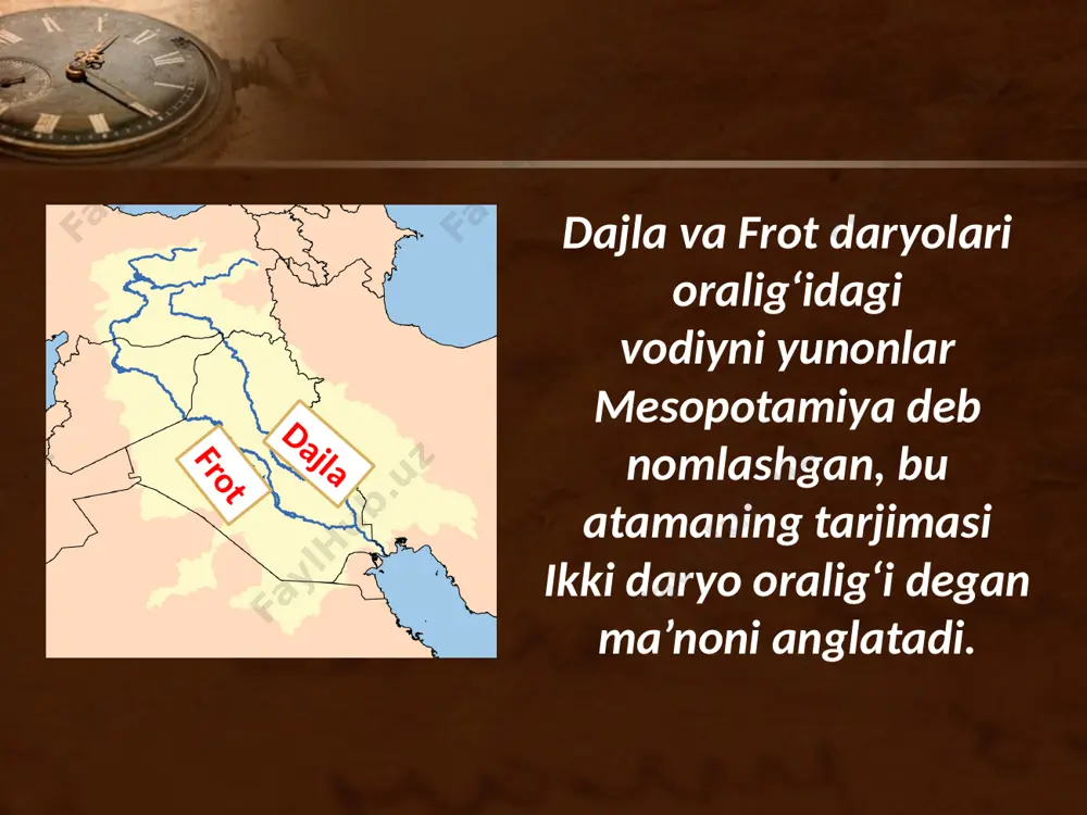 lashtiradi. mil. avv. 2-mingyillikda shumer-akkad davlati ko‘chmanchi qabilalar zarbasidan parchalangan. savol va topshiriqlar 1. xaritadan ikki daryo oralig‘ida joylashgan shahar-davlatlarni toping. 2. tarixiy atamalar lug‘atidan foydalanib, “sivilizatsiya” tushunchasiga izoh bering. 3. ikki daryo oralig‘i qadimda qanday atalgan? 4. mesopotamiyaning qaysi qismlari shumerlar va akkadlar tomonidan o’zlashtirilgan edi? qachon? image2.jpeg image3.jpeg image4.png image5.png image6.emf image7.emf image8.emf image9.jpeg image10.jpeg image11.emf image12.jpeg image13.emf image14.png image15.jpeg image16.jpeg image1.jpeg