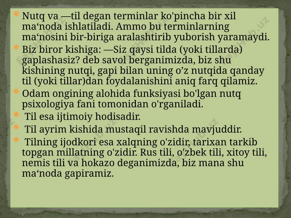 vositasidir. masalan, biz o’z do'stimizga yoki qarindoshimizga xatimizda yozib yuborgan xabarimizni u ehtimolki bir kundan keyin, ikki kundan keyin, bir haftadan keyin, boshqa shaharda yoki boshqa qishloqda o'qib bilishi mumkin. faol va passiv nutq nutq vositasi bilan bog'lanadigan aloqada hamisha ikki yoki bir necha kishi ishtirok etadi, bulardan bittasi biron narsani yo og'zaki, yoki yozma bayon qiluvchi kishi bo'lsa, qolgani, yoki qolganlari shu nutqni idrok qiluvchi — eshituvchi yoki o'quvchi kishi, yoki kishilar bo'ladi. shuning uchun ham nutqni faol nutq va passiv nutq deb ajratiladi. biz biror narsani ifodalab, boshqa kishilarga og'zaki yoki yozma bayon qilsak, bizning bu nutqimiz faol nutq deb ataladi. faol nutq biror narsa gapirayotgan va yozayotgan kishining nutqidir. boshqa birovning faol nutqini idrok qilish va tushunish jarayoni passiv nutqdir. eksperimental o’rganilganligi xix asr boshlarida nutq mustaqil fan darajasiga erishgan tilshunoslikda o`rganila boshlandi. v.gumbol‘dt tadqiqotlari til-nutq tafakkuri muammolari - tilni tushunish, mantiqiy va til kategoriyalarini shakllanishi, material …