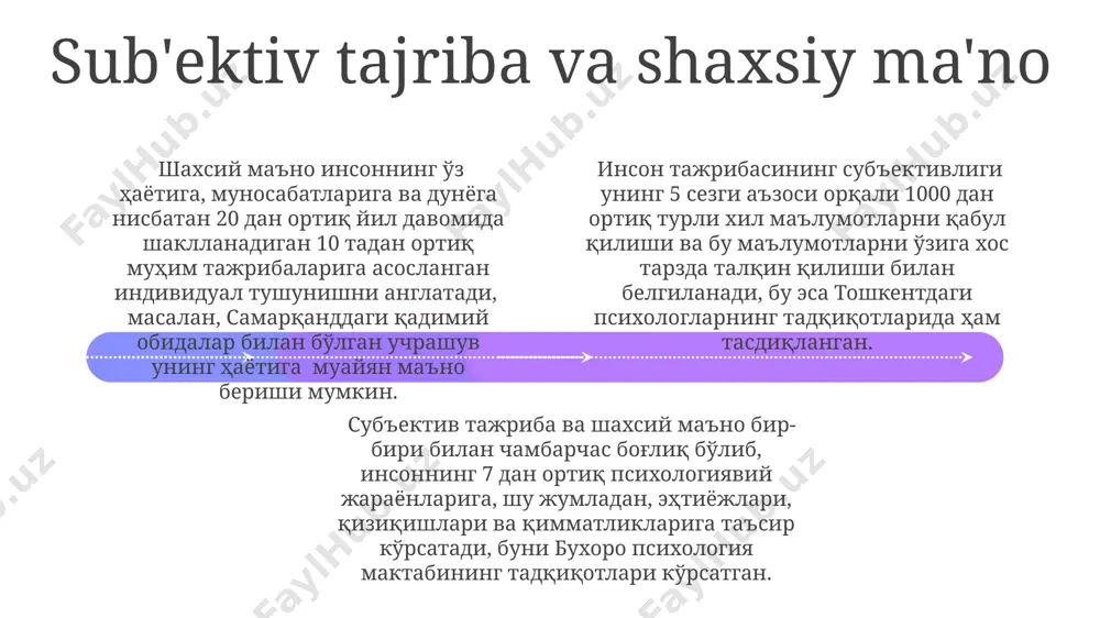 a amerika qoʻshma shtatlarida gumanistik psixologiyada markaziy tushuncha sifatida paydo boʻlib, shaxsning oʻzining his-tuygʻulari, fikrlari va tajribalarini bilish va qabul qilish qobiliyatini anglatadi. oʻzbekiston psixologiyasida oʻz-oʻzini anglash tushunchasi, garchi 21-asrda keng qoʻllanilmasa ham, shaxsning oʻziga xos xususiyatlarini aniqlash va oʻzini-oʻzi yaxshilashga yoʻnaltirilgan 5-10 ta psixoterapiya usullarida qoʻllaniladi. insonparvarlik terapiyasi va uning usullari insonparvarlik terapiyasining asosiy usullaridan biri bo'lgan gestalt terapiyasi, 1940-yillarda aqshda paydo bo'lib, 5 ta asosiy printsipga asoslangan va mijozning o'z-o'zini anglashini oshirishga qaratilgan. insonparvarlik yondashuvida qo'llaniladigan ijtimoiy-kognitiv terapiya, 1960-yillarda aaron beck tomonidan ishlab chiqilgan va dunyoning turli burchaklaridagi, jumladan o'zbekistondagi, 20 dan ortiq mamlakatda qo'llaniladi. ekzistensial terapiya insonning mavjudlikka bo'lgan munosabatini o'rganadi va shaxsning o'ziga xos ma'nolarini topishga yordam beradi, bu usul 1940-yillarda evropada shakllangan va 3 ta asosiy mavzuga ega. o'z-o'zini hurmat qilish va qadrlash add text add text add text add text add text add text o'zbekiston aholisi orasida o'tkazilgan so'rovnomalar natijalariga ko'ra, o'z-o'zini qadrlash hissi …