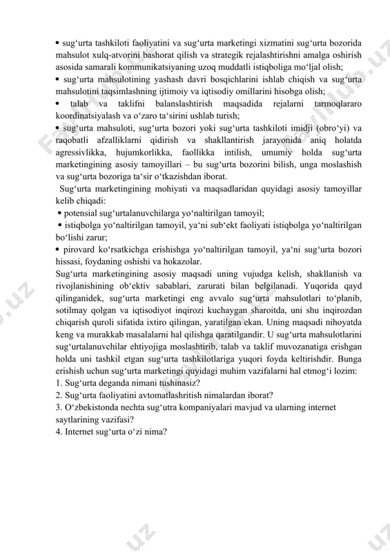lash uslubi, sugʻurta bozori metodologiyasi boʻlib, potensial sugʻurtalanuvchilar va ularning talab-istaklarini oʻrganish, ularga mos sugʻurta mahsulotlarini yaratish, narx belgilash, sugʻurta mahsulotilarni yetkazib berish, taqdim etish, sotish, xizmat koʻrsatishni tashkillashtirish usullari, vositalari, tartibqoidalari majmui hisoblanadi. bularning barchasi talab bilan taklifni oʻzaro muvofiqlashtirishga xizmat qiladi. ijtimoiy ahamiyati nuqtai nazaridan sugʻurta marketingi toʻrtta muqobil maqsadlarga ajratiladi: 1. iste‘mol darajasini oshirish. 2. potensial sugʻurtalanuvchilarning talabi qondirilishini maksimallashtirish. 3. iste‘mol tanlovini maksimallashtirish. 4. sugʻurta bozorida xizmatlar sifatini oshirish. sugʻurta marketingi faoliyati natijasi oʻlchamli boʻlishi kerak (sugʻurta bozori ulushi, sotish hajmi, foydaning oʻsishi). sugʻurta marketingining mohiyatidan quyidagi asosiy tamoyillar kelib chiqadi: potensial sugʻurtalanuvchilarga nima kerak boʻlsa, shuni ishlab chiqish kerak; 33 sugʻurta bozorida sugʻurta mahsulotlari va xizmatlar taklifi bilan emas, balki potensial sugʻurtalanuvchilar muammolarini yechish vositalari bilan ishlash; sugʻurta mahsulotini yaratishni ehtiyoj va talabni tadqiq qilgandan soʻng tashkil etish kerak; sugʻurta marketingi konsepsiyasi vositalarini qoʻllash asosida sugʻurta marketingi dasturini shakllantirishga olib keluvchi qoʻyilgan maqsadlarga erishish uchun …