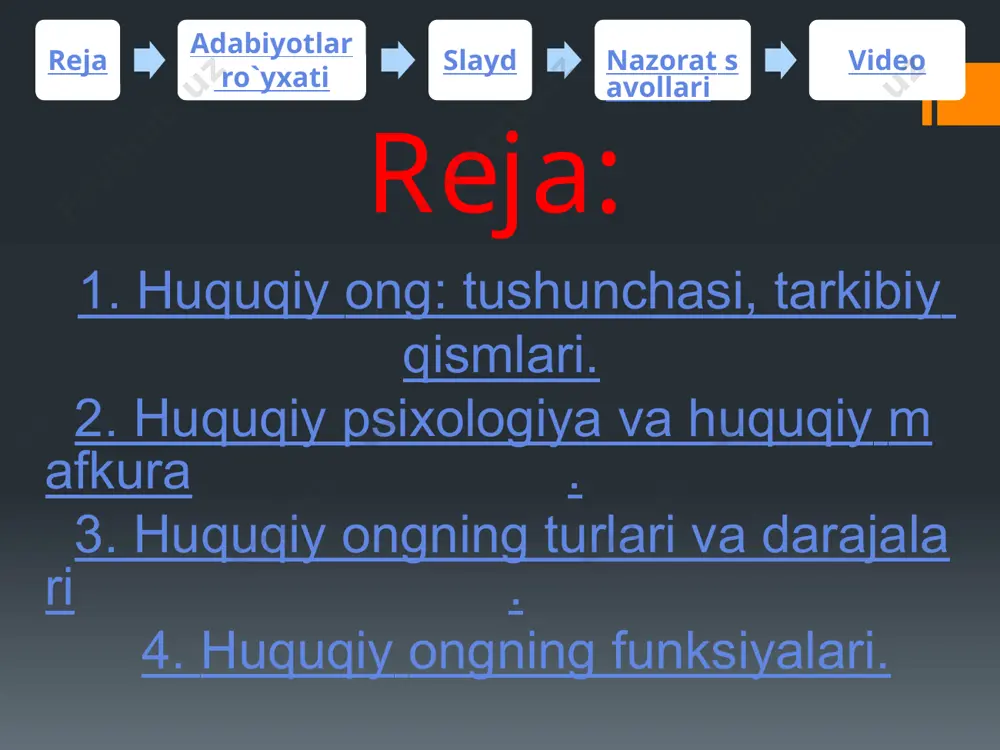 xalqi hech qachon, hech kimga qaram bo`lmaydi” o`zbekiston – 2005.  reja adabiyotlar ro`yxati slayd nazorat savollari video maxsus adabiyotlar 1. x.b.boboyev, x.t.odilqoriyev “davlat va huquq nazariyasi” toshkent– 2005. 2. z.m.islomov “davlat va huquq nazariyasi” toshkent – 2007. 3. sh.saydullayev “davlat va huquq nazariyasi” fanidan ma`ruza matnlari (bakalavriat talabalari uchun) toshkent - 2009-2010. 4. n.saburov, sh.saydullayev “davlat va huquq nazariyasi” o`quv qo`llanma, toshkent – 2011. reja adabiyotlar ro`yxati slayd nazorat savollari video normativ – huquqiy hujjatlar 1. o`zbekiston respublikasining konstitutsiyasi. 2011 2. o`zbekiston respublikasi kodekslari. rasmiy nashr, toshkent, adolat – 2010. 3. o`zbekiston respublikasining “normativ – huquqiy hujjatlar to`g`risida” gi qonuni, o`zbekiston respublikasi oliy majlisining axborotnomasi – 2001. 4. “jamiyatda huquqiy madaniyatni yuksaltirish milliy dasturi”, o`zbekiston respublikasi oliy majlisining axborotnomasi 1997  reja adabiyotlar ro`yxati slayd nazorat savollari video reja adabiyotlar ro`yxati slayd nazorat savollari video huquqiy ong tushunchasi turlari tarkibiy elementlari funksiyalari huquqiy ong – bu ijtimoiy ongning shakllaridan …