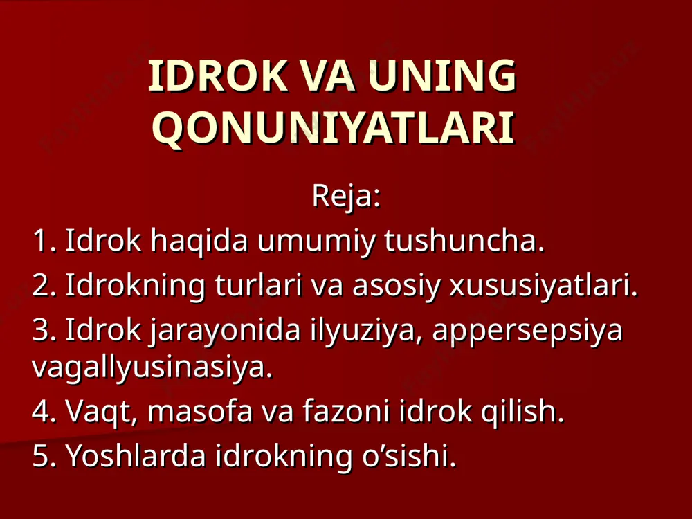 ibor beriladi. idrok jarayonida sezgi turlarining barchasidan tashqari boshqa ruhiy holatlar ham ishtirok etadi. masalan, odam atir gulni idrok qilganda uning chiroyli shaklini, ajoyib rangini, xushbo’y hidini, mayin barglarini yaxlit tarzda qabul qiladi. demak, atirgulni idrok qilishda ko’rish, hid bilish va teri sezgilari ishtirok etadi. agar gulni idrok qilishning boshlanishi xotira mahsuli (uning atirguli ekanligini tanib ajratib olishi) bo’lsa, uning turli tomonlari to’g’risida mulohaza yuritish tafakkurdir. shunday qilib, istagan predmetni yoki voqyea-hodisani idrok qilishda o’sha narsaning mohiyatiga qarab ruhiy holatlarning ma’lum qismidan foydalaniladi. diqqat, xotira, xayol va tafakkursiz to’g’i, to’liq idrok qilish mumkin emas. idrokning nerv mexanizmi ham sezgilarnikidan farq qiladi. bu fikr idrokka xos nerv-fiziologik asosning murakkabligidir. idrokning fiziologik asosi bosh miyaning katta yarim sharlar po’stlog’ida vujudga keluvchi murakkab shartli refleks bog’lanishlaridir. tashqi ta’sir katta yarim sharlar po’stlog’ida birlashtiriladi, organzimning bir qancha qo’zg’ovchilar ta’siriga reaksiyasi bir-biri bilan bog’lanadi. har bir predmetdagi xossalarning yig’indisiga qarab odam ularni bir-biridan farq qiladi. …
