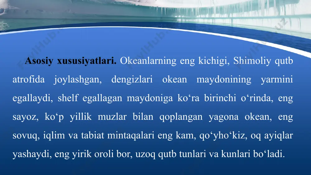 n. a. nordensheld (1878 — 1879- y.) larning tashkil etgan ekspeditsiyalari muhim ahamiyatga ega bo‘ldi. shuningdek, xix asr oxirida f. nansen, s. o. makarov (1899- y.), r. piri (1909- y.) shimoliy qutbni birinchi bo‘lib zabt etgan, r. amundsen (1903 —1906- y., 1918 — 1920- y.) va boshqalar qimmatli ma’lumotlar to‘pladilar. hozirgi paytda rossiya, aqsh va kanada mutaxassislari shimoliy muz okeanining tabiatini o‘rganishmoqda. this presentation uses a free template provided by fppt.com www.free-power-point-templates.com geologik tuzilishi va tabiiy boyliklari. okean bundan 60 mln yil avval paydo bo‘la boshlagan. uning tubi geologik jihatdan shimoliy amerika va yevrosiyo litosfera plitalari tarkibiga kiradi. okean tubida dengiz, daryo va aysberg yotqiziqlari katta maydonda tarqalgan. ularning qalinligi 1 000 — 3 500 m atrofida. shelf zonasida daryolar, dengiz oqimlari keltirgan cho‘kindi jinslar, okean markazida esa changsimon zarrachalar, biogen yotqiziqlar uchraydi. this presentation uses a free template provided by fppt.com www.free-power-point-templates.com qazilma boyliklaridan temir rudasi shaxta usulida qazib …