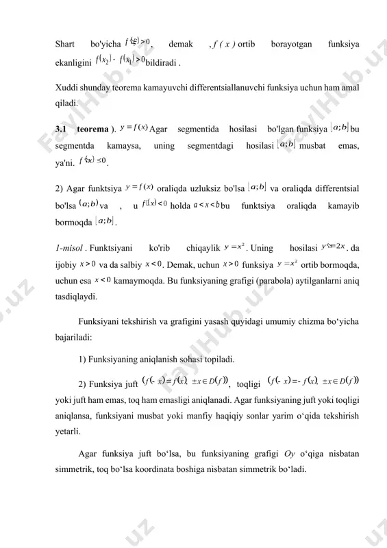 anadi. · 5.) funksiya grafigining eskizi chiziladi va qiymatlar to`plami topiladi. aniq integral yordamida yassi figuralar yuzlarini hisoblash. y = f (x) funksiya grafigi, x = a, x = b ikkita to’g’ri chiziqlar va ox o’qi bilan chegaralangan figuraga egri chiziqli trapesiya deyiladi. bunday egri chiziqli trapesiyaning yuzi s = ∫ ydx = ∫ f (x)dx (1) formula bilan hisoblanadi. umumiy hol, ya’ni y1 = f1(x), y2 = f2(x), f2(x) ≥ f1(x) chiziqlar bilan chegaralangan yuza s1 =∫[f(x2 )x − f(x1) ]dx (2) aniq integralga teng bo’ladi . x =ϕ(y), y = c, y = d, x = 0 chiziqlar bilan chegaralangan yuza s2 = ∫ xdy= ∫ϕ( )y dy (3) aniq integral bilan hisoblanadi. egri chiziq parametrik egri chiziq parametrik x = t(x ) y = t(y ) tenglama bilan berilgan bo’lsa, yuza s = ∫t(y) t(x)dt (4) formula bo’yicha hisoblanadi. misol. xy = 8, x =1, x = …