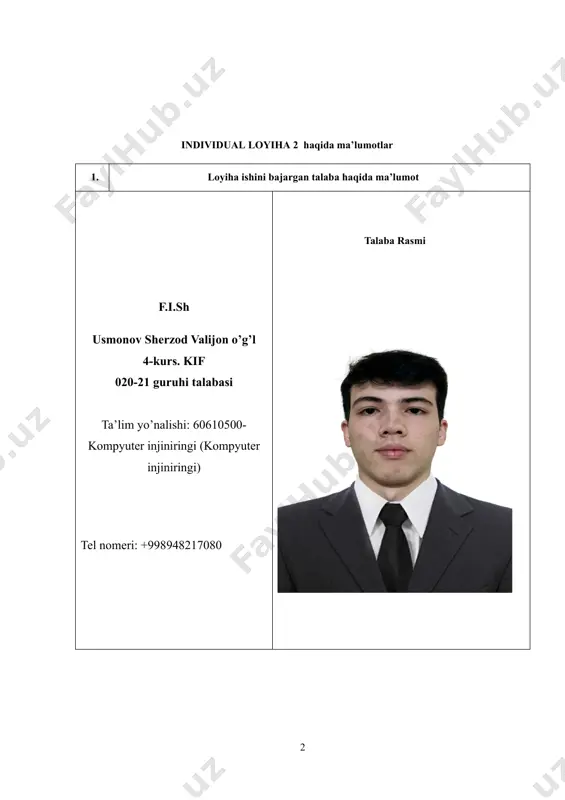 ab qidirish imkoniyati yaratildi, bu esa foydalanuvchilarga kerakli ma’lumotni tez va oson topish imkonini berdi. 5. ishni topshirish muddati 2025 - yil 2-iyun 6 ishni qabul qilgan kommisiya a’zolari (imzolar) 23 mundarija kirish 6 i bob. veb sayt ishlab chiqish asoslari va predmet soha tahlili 8 1.1-§ www (world wibe web) haqida ma’lumot 8 1.2-§ veb-sayt ishlab chiqish jarayonining bosqichlari 14 1.3-§ masalaning qo'yilishi ........................................................................18 ii bob. o‘zbekiston milliy taomlari web saytini ishlab chiqish 20 2.1-§ fronted qismini ishlab chiqish 20 2.2-§ backend qismini ishlab chiqsh 22 2.3-§ saytning amaliy qismi 24 xulosa 27 foydalanilgan adabiyotlar 28 ilova 29 kirish o'zbekiston milliy taomlari web saytini yaratish loyihasi milliy taomlarimizni keng ommaga tanishtirish, ularning tayyorlanish usullari va tarixi haqida ma'lumot berish maqsadida ishlab chiqilmoqda. o'zbek oshxonasi uzoq tarixga ega bo'lib, dunyoga mashhur palov, manti, shashlik kabi taomlari bilan ajralib turadi. ushbu web sayt orqali foydalanuvchilar o'zbekistonning turli hududlariga xos taomlar haqida …