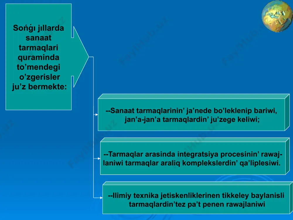 da kompleks, kombinat usili qollaniladi. taw ka’n metallurgiya kombinatlari shiyki zat rayonlarina ( sebebi ren’li metallar mug’dari ruda da ju’da’ az) quriladi, tikkeley tazalang’an metal bolsa tutiniw rayonlarinda ha’m tiykarinan arzan elektr energiyasina jaqin jerde ornalastiradi. tazalang’an yaki «rafinatsiya» qiling’an mistin’ bir tonnasina 9-10 kvt/s.g’a shekem,alyuminiyge 18-19, titan ha’m nikel ushin 50 min’ kvt/s.-g’a shekem elektr energiyasi isletiledi.sonin’ menen birge ren’li metallurgiya karxanalarin jaylastiriwda ekologiya faktorinin’ da orni sezilerli. mashinasazliq juda’ quramali bolip, og’an ta’sir etiwshi faktorlarda ha’r qiyli. sebebi metaldi ko’p talap qiliwshi awir mashinasazliq (vagonsazliq, taw ka’n shaxtalar ushinushin a’spab u’skeneler islep shig’ariw ha’m b.) qara metallurgiya sanaati rawajlang’an rayonlarda, metal az sariplanatug’in, biraq sapali jumisshi ku’shi kerek bolg’an priborsazliq, elektrotexnika, esaplaw texnikalari siyaqli na’zik ha’m aniq mashinasazliq ilim-texnikaliq progress rawajlang’an oraylarda jaylastiriladi. awıl-xojalıg’ı mashina sog’ıw sanaatı tiykarınan tutınıwshı rayonlarında rawajlanadı. ma’selen, o’zbekstanda - paxta teriwshi, ukrainada - g’a’lle ha’m qant la’blebi, belorussiyada kartoshka ha’m zıg’ır, moldaviyada ju’zimgershilik, …