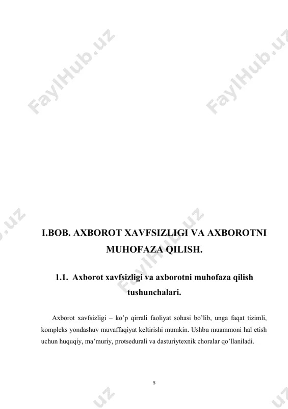 ilari va jihatlari keltirilgan: – axborotni muhofaza qilish (shaxsiy ma’lumotlarni, davlat va xizmat sirlarini va boshqa turdagi tarqatilishi chegaralangan ma’lumotlarni qo’riqlash ma’nosida) kompyuter xavfsizligi yoki ma’lumotlar xavfsizligi – kompyuter tarmoqlarida ma’lumotlarning saqlanishini, foydalanishga ruxsat etilganligini va konfedensialligini ta’minlovchi apparat va dasturiy vositalar to’plami, axborotdan mualliflashtirilmagan foydalanishdan himoya qilish choralari; – axborot egalariga yoki axborotdan foydalanuvchilarga hamda uni qo’llab quvvatlovchi infratuzilmaga zarar yetkazishi mumkin bo’lgan tabiiy yoki sun’iy xarakterdagi tasodifiy yoki qasddan ta’sir etishlardan axborot va uni qo’llab quvvatlovchi infratuzilmaning himoyalanganli; – fuqarolar, alohida guruhlar va ijtimoiy qatlamlar, umuman olganda aholining yashash faoliyati, ta’lim olish va rivojlanishlari uchun zarur bo’lgan sifatli axborotga bo’lgan talablarining himoyalanganligi. xavfsizlik siyosati – xavfsizlik obyektlari va subyektlarining berilgan ko’pligining xavfsizligini ta’minlash protseduralari va mexanizmlarini belgilovchi qoidalar to’plami. tizim xavfsizligini ta’minlashning aniq mexanizmlarini tanlash qabul qilingan xavfsizlik siyosatiga muvofiq amalga oshiriladi. o’zbekiston respublikasi prezidentining 2015-yilning 4-fevral kuni e’lon qilingan “o’zbekiston respublikasi axborot texnologiyalari va kommunikatsiyalarini rivojlantirish vazirligini …