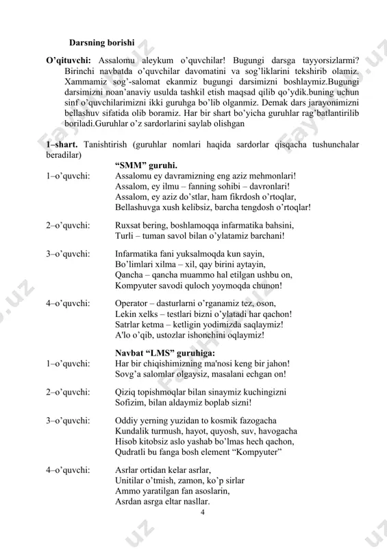 soslanmagan web-sayt yaratish uchun mo’ljallangan.platforma tarkibida ko’p tilli qo’llab-quvvatlash imkoniyati mavzud bo’lib, sayt tillarini qo’shish ushun bir necha shablon yoki mavzulardan foydalanish imkonini beradi. instagram-foto va videolarni tasvirga olish yoki boshqa platformalar orqali yuklash imkoniyatiga ega ijtimoiy tarmoq.shuningdek, unda foto va videolarni raqamli filtrlash(sifatini yaxshilash) imkoniyati ham mavjud.instagram kevin systrom va mayk krieger tomonidan yaratilgan bo’lib,bepul mobil ilova sifatida 2010-yilning oktyabr oyida ishga tushgan. freelancer (ing.free-erkin, lancer-nayza)-erkin ishchi bo’lib, asosan,bir martalik yoki mavsumiy xizmatlarni bajarish uchun yollangan, buyurtma asosida qandaydir ish yoki xizmatni kelishilgan haq evaziga belgilangan vaqt davomida amalga oshirib beruvchi shaxs. bugungi pandemiya sharoiti freelancerlik faoliyatining ommalashishiga sababchi bo’ldi.hozirda internet orqali masofadan turib ishlash bilan daromad topadigan freelancerlarning barqaror qatlami paydo bo’ldi.ularga oddiy ishlardan tortib yuksak bilim, malaka talab etiladigan ishlar bo’yicha talab va ehtiyoj ortib bormoqda. o’qituvchi: ammo lekin o’quvchilar ming yil avval ham mashhur bo’lgan bizning bobolar har bir ilmda tеngsiz nom qozongan daholar. xalqimizning faxridir …