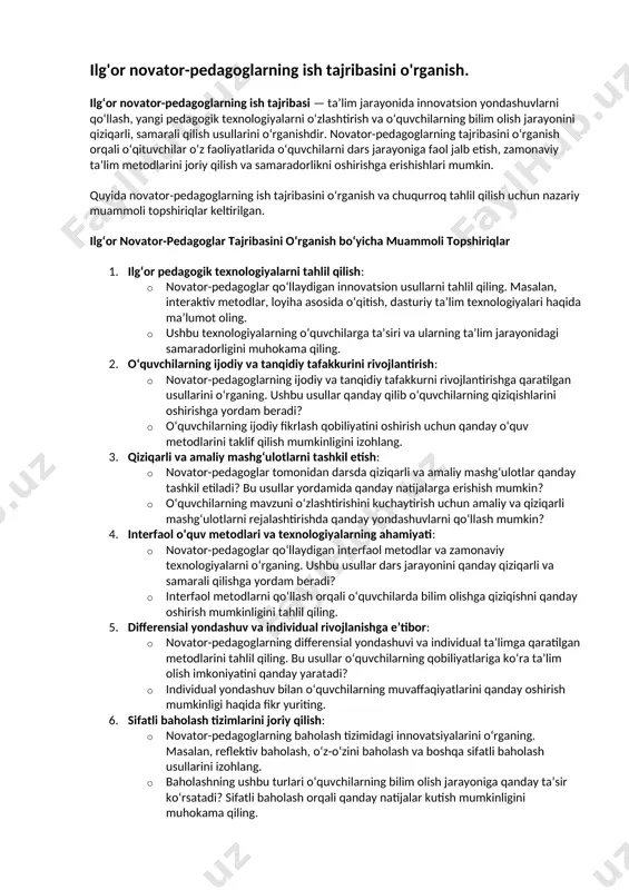 ni o‘rganing. kompost qilish uchun qanday chiqindilar mos kelishini va kompostning o‘simlik o‘sishiga qanday ta’sir qilishi mumkinligini tahlil qiling. · kompostlash jarayonining foydasi va uni tabiiy o‘g‘it sifatida qo‘llash imkoniyatlarini tadqiq qiling. 5. ekotizimdagi o‘zaro bog‘liqliklarni o‘rganish: · maktab uchastkasidagi kichik ekotizimni o‘rganish uchun kuzatuvlar olib boring. masalan, hasharotlar, qushlar va o‘simliklar o‘rtasidagi o‘zaro bog‘liqlikni aniqlang. · kichik ekotizimdagi oziq zanjirini tuzing va har bir organizmning bu zanjirdagi rolini tahlil qiling. 6. o‘simliklarning mavsumiy o‘zgarishini kuzatish: · o‘simliklarning mavsumiy o‘zgarishlarini kuzatish bo‘yicha yil davomida kuzatuv jadvalini tuzing va har bir o‘zgarishni qayd eting. · har faslda qanday o‘zgarishlar sodir bo‘lishini tushuntiring va bu jarayonning ekologik ahamiyatini tahlil qiling. 7. qayta tiklanuvchi o‘g‘itlar va tabiiy insektitsidlarni sinab ko‘rish: · qayta tiklanuvchi o‘g‘it va tabiiy insektitsidlarning samaradorligini o‘rganing. ushbu tabiiy vositalar qaysi zararkunandalarga qarshi samarali ekanligini sinab ko‘ring. · insektitsidlarning afzalliklari va zararkunandalarga qarshi kurashdagi ekologik ahamiyatini muhokama qiling. 8. o‘simliklarni o‘zlashtirish …