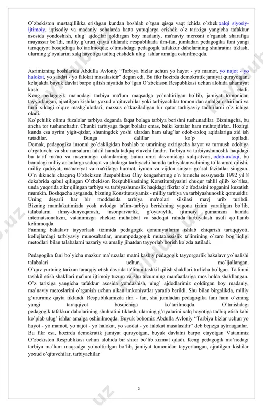 qoldirgan boy madaniy, ma’naviy meroslarini o’rganish uchun ulkan imkoniyatlar yaratib berildi. shu bilan birgalikda, milliy g’ururimiz qayta tiklandi. respublikamizda ilm - fan, shu jumladan pedagogika fani ham o’zining yangi taraqqiyot bosqichiga ko’tarilmoqda. o’tmishdagi pedagogik tafakkur daholarining shuhratini tiklash, ularning g’oyalarini xalq hayotiga tadbiq etish kabi ko’plab ulug’ ishlar amalga oshirilmoqda. buyuk bobomiz abdulla avloniy “tarbiya bizlar uchun yo hayot - yo mamot, yo najot - yo halokat, yo saodat - yo falokat masalasidir” deb bejizga aytmaganlar. bu fikr esa, hozirda demokratik jamiyat qurayotgan, buyuk davlatni barpo etayotgan vatanimiz o’zbekiston respublikasi uchun alohida bir shior bo’lib xizmat qiladi. keng pedagogik ma’nodagi tarbiya ma’lum maqsadga yo’naltirilgan bo’lib, jamiyat tomonidan tayyorlangan, ajratilgan kishilar yoxud o’qituvchilar, tarbiyachilar tomonidan amalga oshiriladi, turli xildagi o’quv mashg’ulotlari, maxsus o’tkaziladigan bir qator tarbiyaviy tadbirlarni o’z ichiga oladi. ko’pchilik olimlar tarbiya deganda faqat bolaga tarbiya berishni tushunadilar. bu fikr esa, ancha tor tushuncha hisoblanadi. chunki tarbiyaga faqat bolalar emas, …