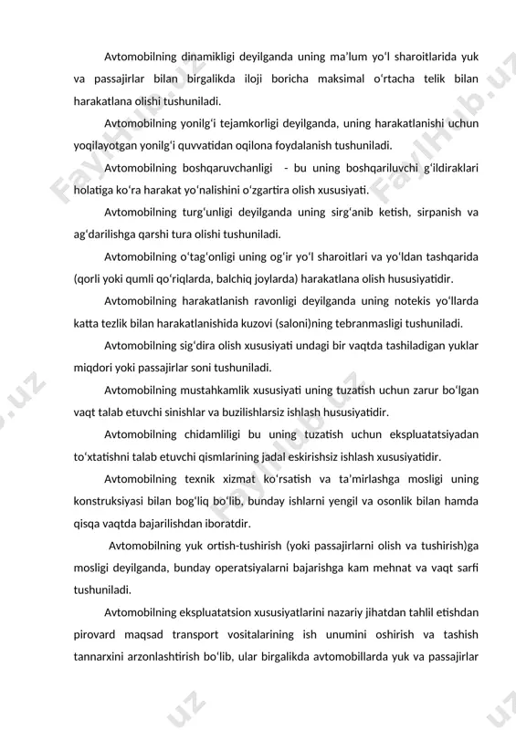 nilg‘i solishtirma sarfini kamaytirish; -avtomobil transporti harakat xavfsiligini ta’minlash; -avtomobil haydovchisi va passajirlar uchun eng qulay shart-sharoitni ta’minlash. transport vositalari bajaradigan vazifalariga ko‘ra uch guruhga bo‘linadi: yuk avtomobillari, passajir avtomobillari va maxsus avtomobillar. barcha avtomobillar, o‘z navbatida yuk yoki passajirlar tashuvchi transport avtomobillariga va transport avtomobillari bo‘lmagan maxsus avtomobillarga bo‘linadi. maxsus avtomobillarga o‘t o‘chiruvchi, kommunal xizmat (suv sepuvchi, supuruvchi, axlat va boshqa chiqindilar tashuvchi va h.k.) etuvchi, avtokranlar, sanitariya avtomobillari, tibbiy tez yordam avtomobillari, texnik yordam va ustiga ustaxona o‘rnatilgan, sport avtomobillari va shu kabilar kiradi. transport avtomobil va avtopoyezdlari o‘z navbatida yuk va passajir tashuvchi xillarga bo‘linadi. passajir avtomobillar avtobus va yengil avtomobillarga bo‘linadi. yuk tashuvchi, avtobus va yengil avtomobillar o‘z konstruktiv sxemalariga binoan yana bo‘linadilar. yuk avtomobillari o‘z navbatida bir bo‘g‘inli avtomobillarga va ikki va undan ortiq bo‘g‘inli avtopoyezdlarga bo‘linadi. avtopoyezdlar avtomobil-tyagach tirkama yoki egarli yarim tirkamali bo‘lishlari mumkin. yuk avtomobillarini tasniflashning asosiy yo‘nalishlaridan biri ularni o‘lchamlariga ko‘ra …
